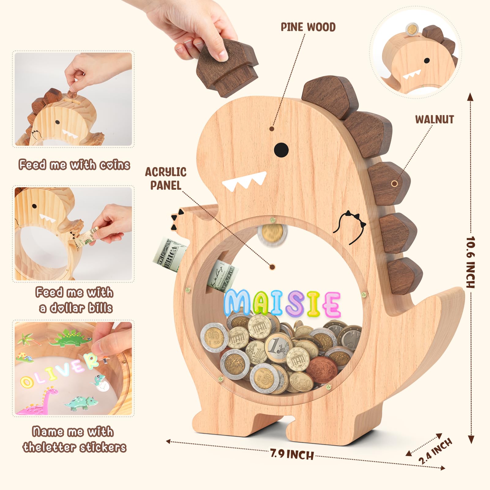Summidate Wooden Dinosaur Piggy Bank for Kids Boys, Cute Wood Dino Money Bank for Toddlers, Creative Saving Coin Jar, Personalized Present for Child Birthday & Decor (Brachiosaurus, Custom)