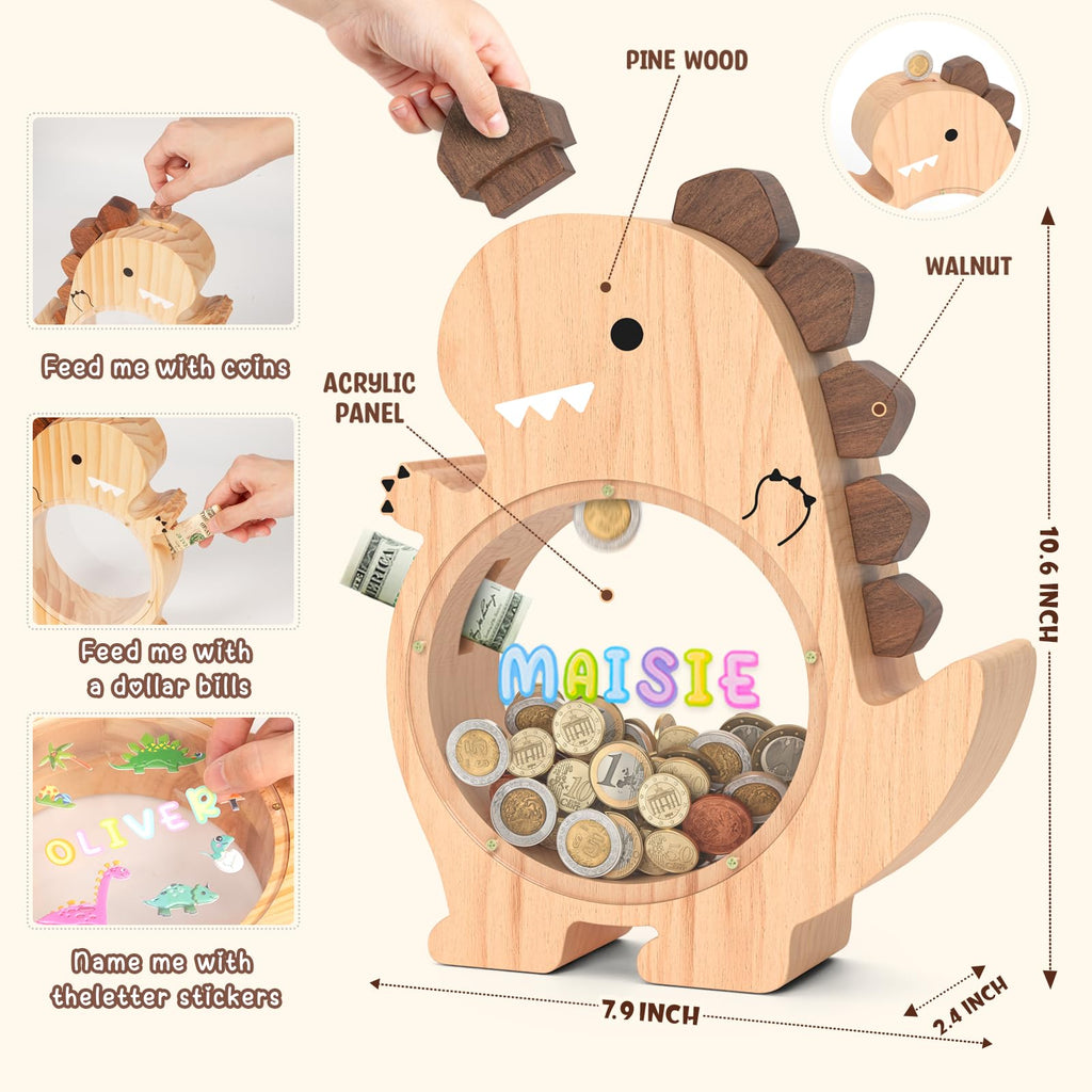 Summidate Wooden Dinosaur Piggy Bank for Kids Boys, Cute Wood Dino Money Bank for Toddlers, Creative Saving Coin Jar, Personalized Present for Child Birthday & Decor (Brachiosaurus, Custom)