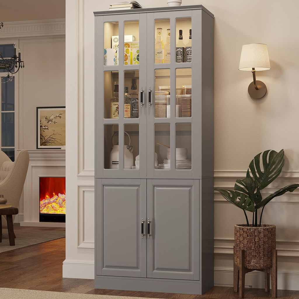 MEISSALIVVE Kitchen Pantry Storage Cabinet with LED Lights, 78.7" Tall with Glass Doors & Drawers, Freestanding Utility Cabinet, Black (31.5" W x 15.7" D)