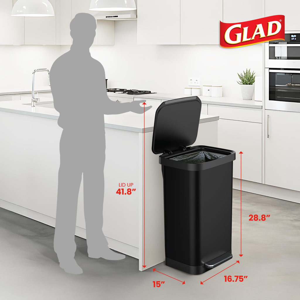 Glad 13 Gallon All Brushed Stainless Steel Trash Can with Clorox Odor Protection | Large Metal Kitchen Garbage Bin with Soft Close Lid, Garbage Bag Rings, Step On Foot Pedal and Waste Bag Roll Holder