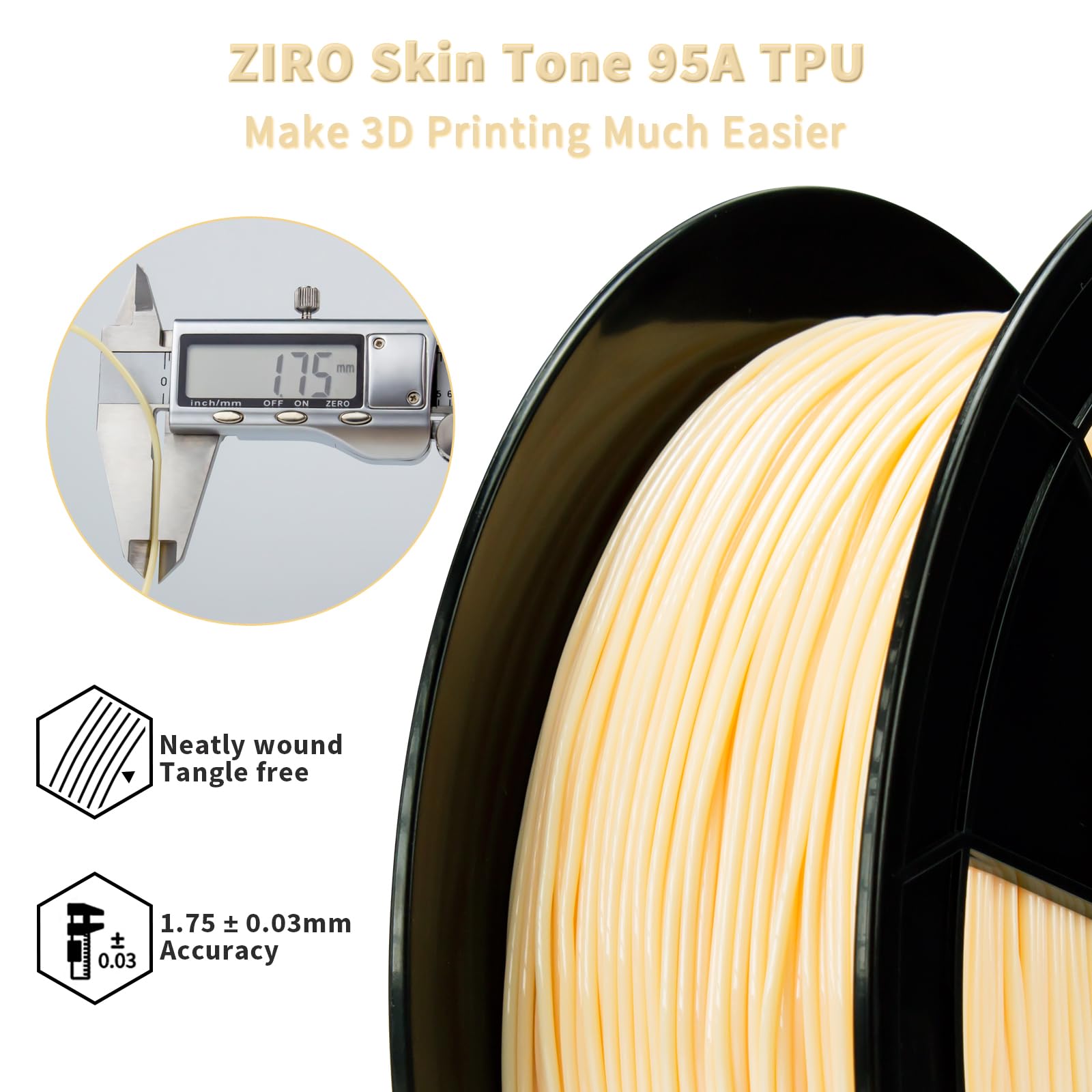 ZIRO TPU Filament 1.75mm 3D Printer Filament, Shore 95A Hardness TPU, Flexible Soft Material, 0.8KG/1.8lbs Spool, Fit Most FDM 3D Printers, Black