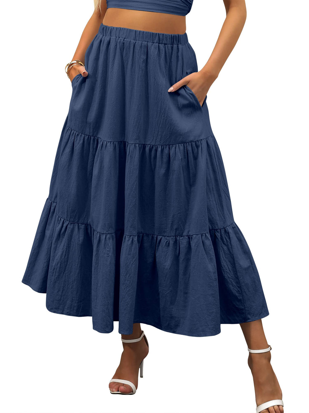 ANRABESS Women’s Summer Boho Flowy Swing Tiered A-Line Maxi Skirt 2026 Fashion Trendy Elastic Waist Pleated Long Beach Dress