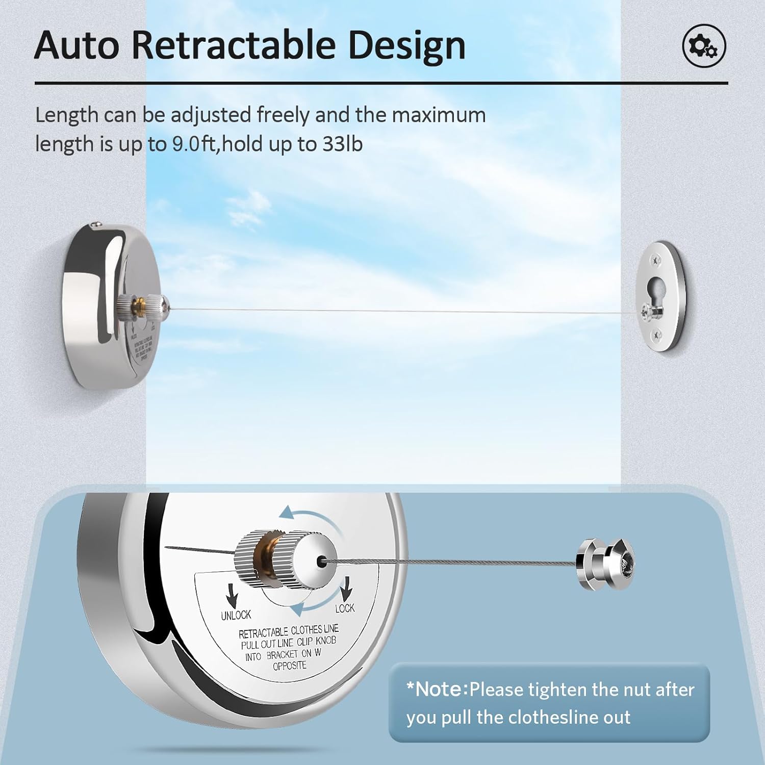 Retractable Clothesline 9.0 Feets, 304 Stainless Steel Clothes Line Dryer with Heavy Duty Adjustable Stainless Steel Rope String for Hanging Drying Bathroom, Laundry, Hotel, Indoor & Outdoor