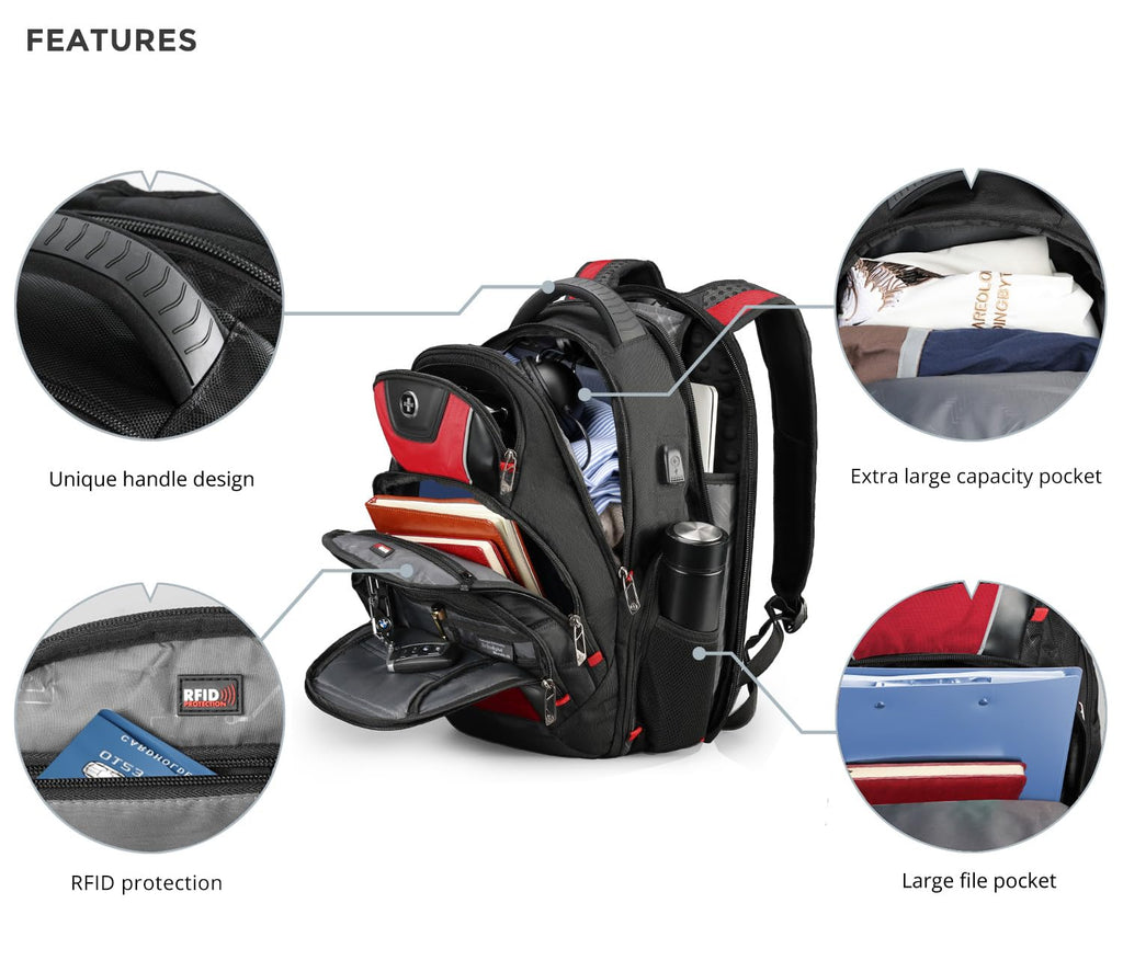 Swissdigital Design Travel Backpack for Women or Men, TSA Friendly USB Charging RFID Protection Business Carry on Bag Fits 15.6" Laptop Backpack Black | J14-BR