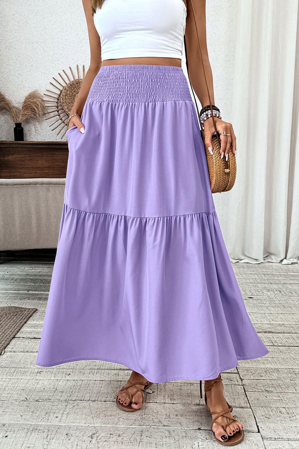 Women's Smocked High Waist Maxi Skirt Casual Boho Long Skirts with Pockets
