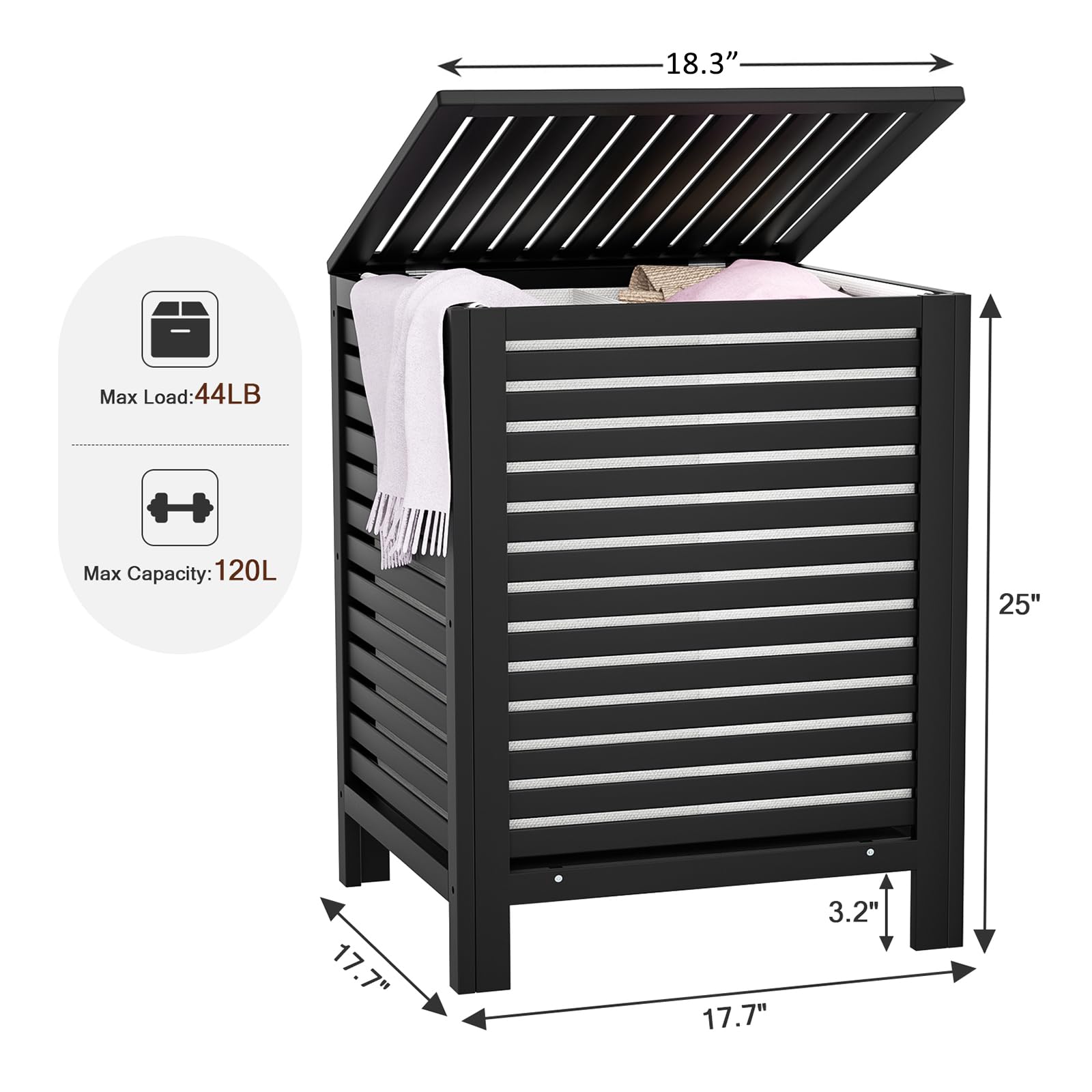 Homykic Bamboo Laundry Hamper with Lid, 120L Large Clothes Laundry Sorter with Removable 2-Section Liner Bag, Raised Laundry Basket Organizer for Clothing, Bathroom, Bedroom, Laundry Room, Black
