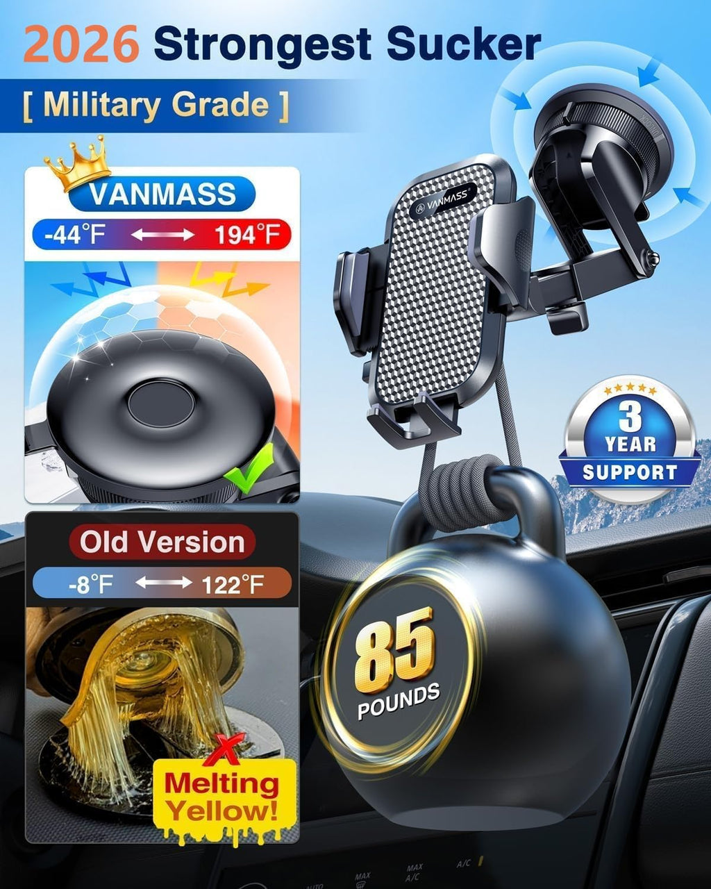 VANMASS [True Military-Grade] Car Phone Holder [Best Suction & Clip] Cell Phone Mount for Dashboard Windshield Vent Truck Cradle Dash Stand for iPhone 15 Pro Max 14 13 12 Android, Blue