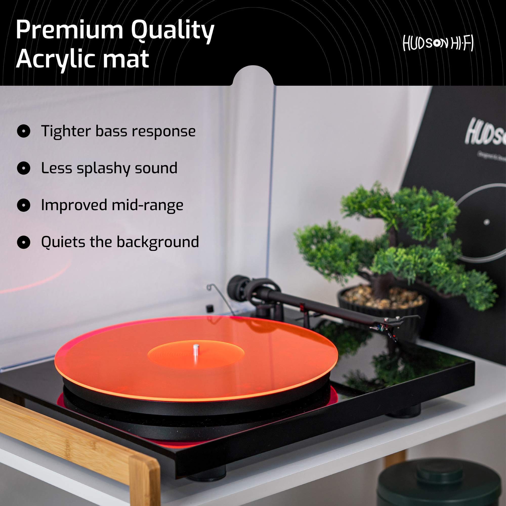 Hudson Hi-Fi Acrylic Turntable Mat – 11.75” Anti-Static Turntable Slipmat with Label Recess – 1/8” Thick Acrylic Platter Mat for Vinyl LP Record Players – Black
