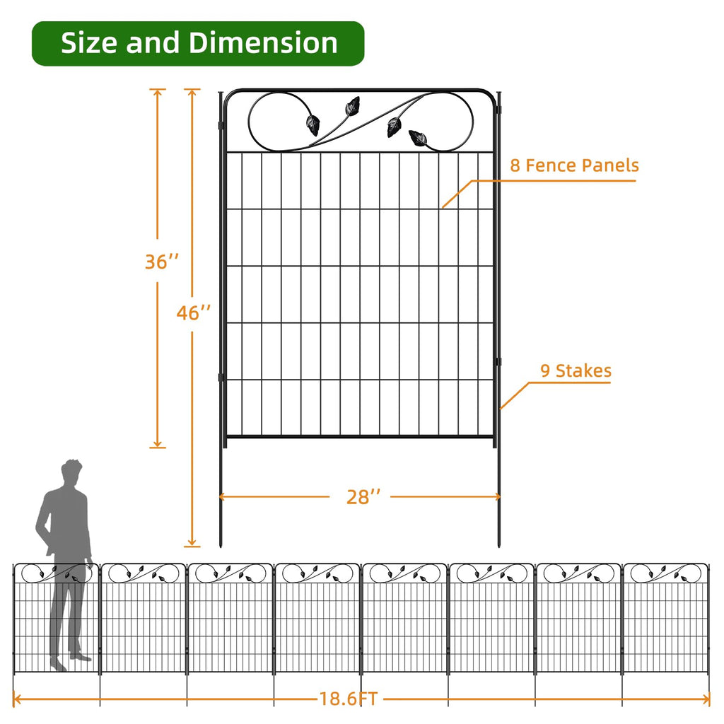 FOREHOGAR Decorative Metal Garden Fence 24in(H) X10ft(L) 5 Panels Leaf Black Rustproof Wire Border Fence for Landscape Patio Flower Bed Garden Fencing Panel Animal Barrier for Dogs