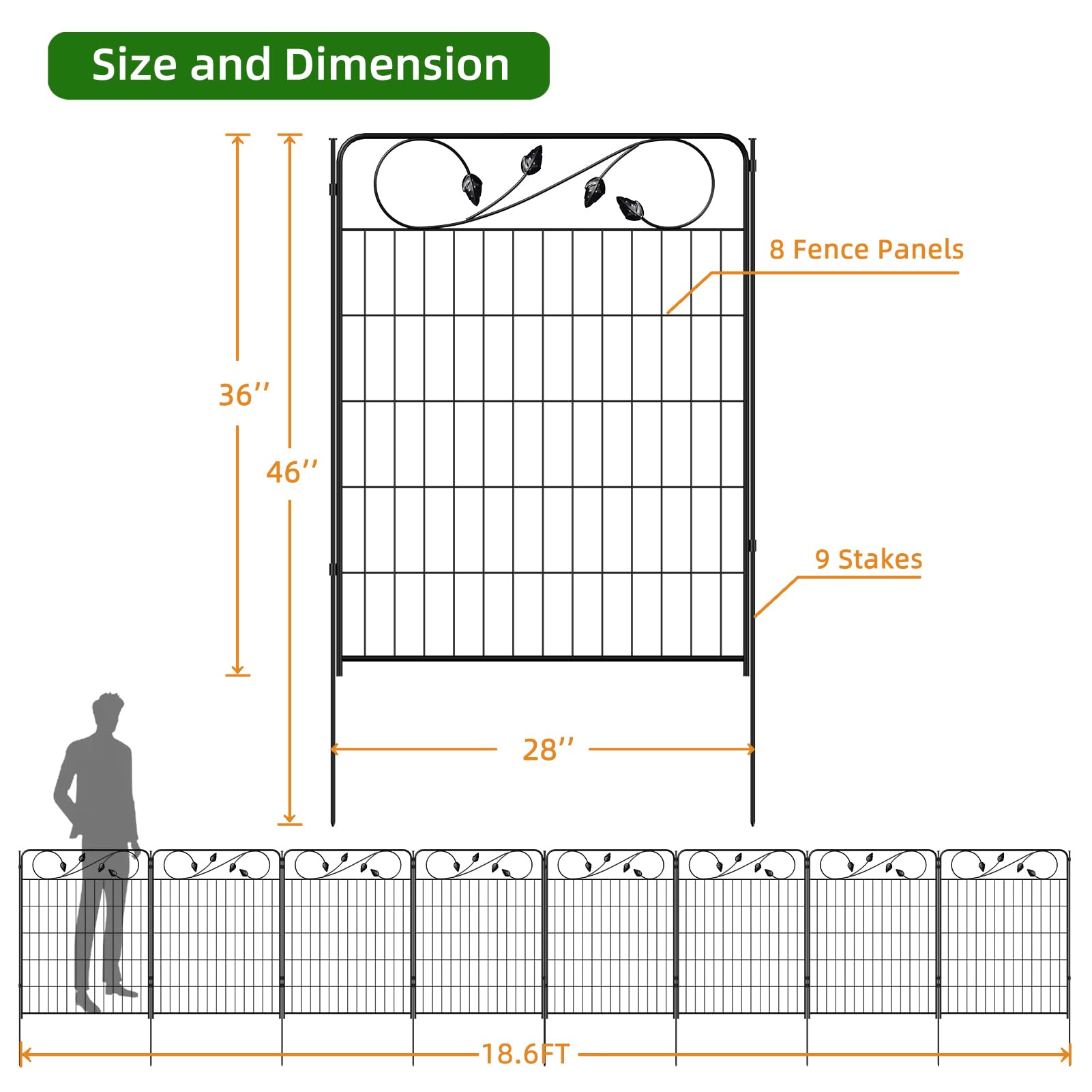 FOREHOGAR Decorative Metal Garden Fence 24in(H) X10ft(L) 5 Panels Leaf Black Rustproof Wire Border Fence for Landscape Patio Flower Bed Garden Fencing Panel Animal Barrier for Dogs