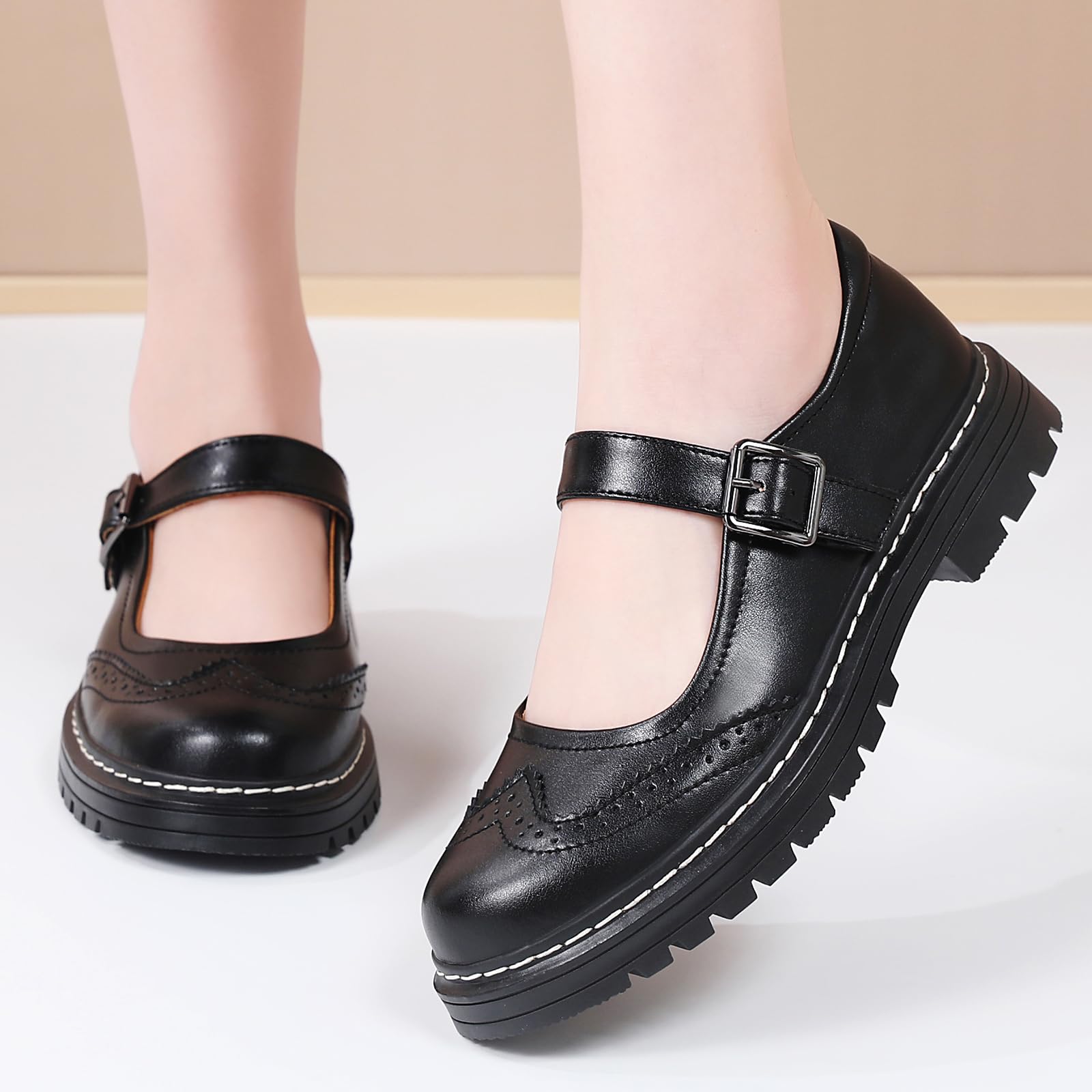 Mary Jane Shoes Women Platform Non-Slip Classics Round Toe Ankle Strap Comfort Casual Oxford Dress Work Mary Jane Flat Shoes