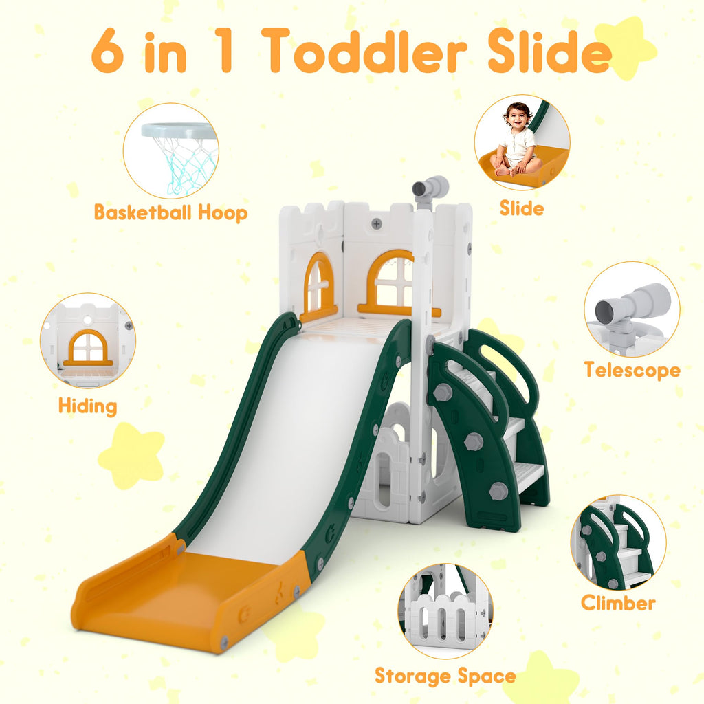 LulliSpace 6 in 1 Toddler Slide,Kids Playset for Toddlers Indoor Outdoor, Baby Slide with Basketball Hoop, Telescope & Storage Space,Non-Slip Steps for Great Gift