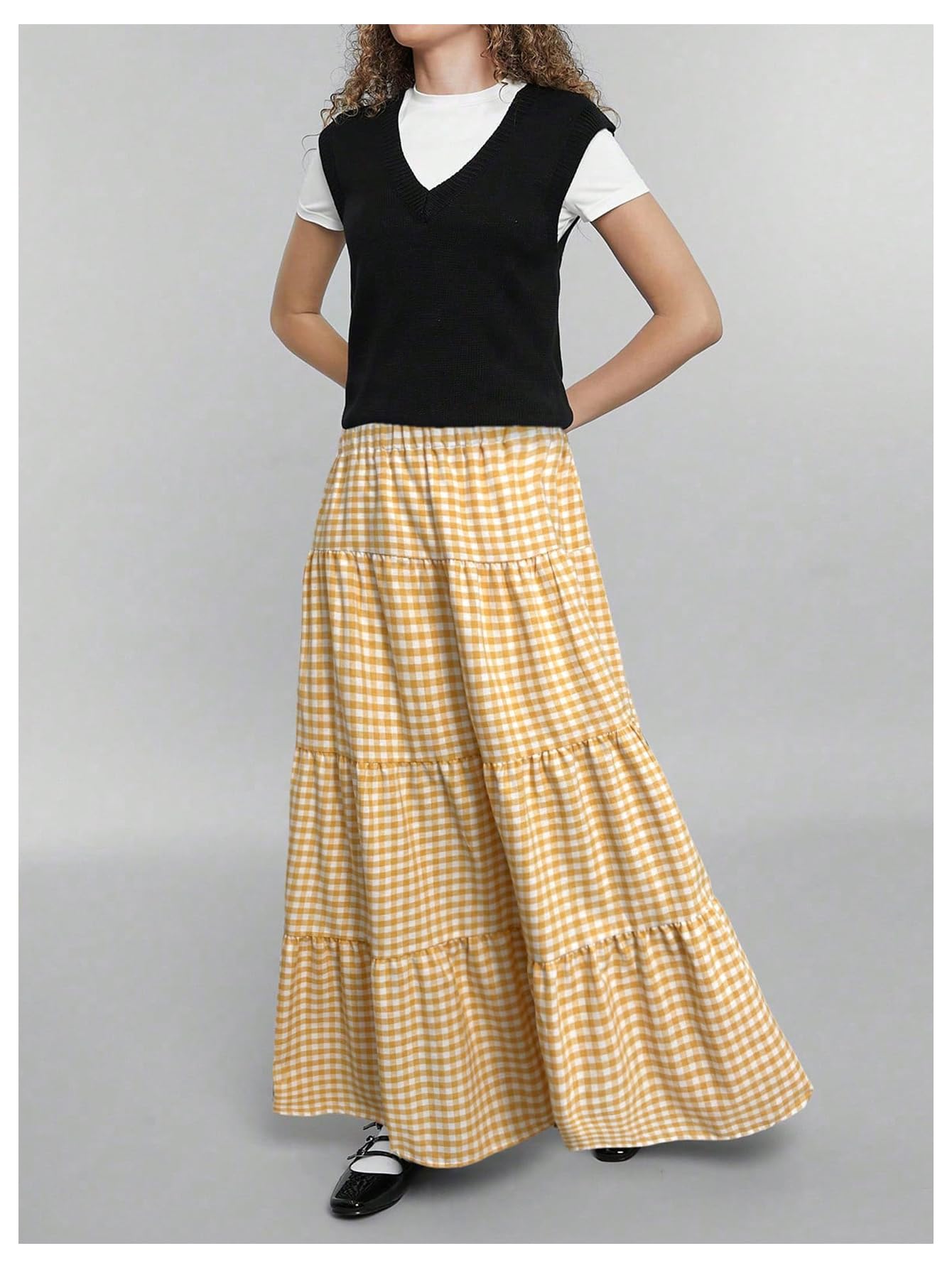 MakeMeChic Women's Plaid Maxi Skirts A Line Ruffle Tiered Layer Y2K Flowy Casual Long Skirts