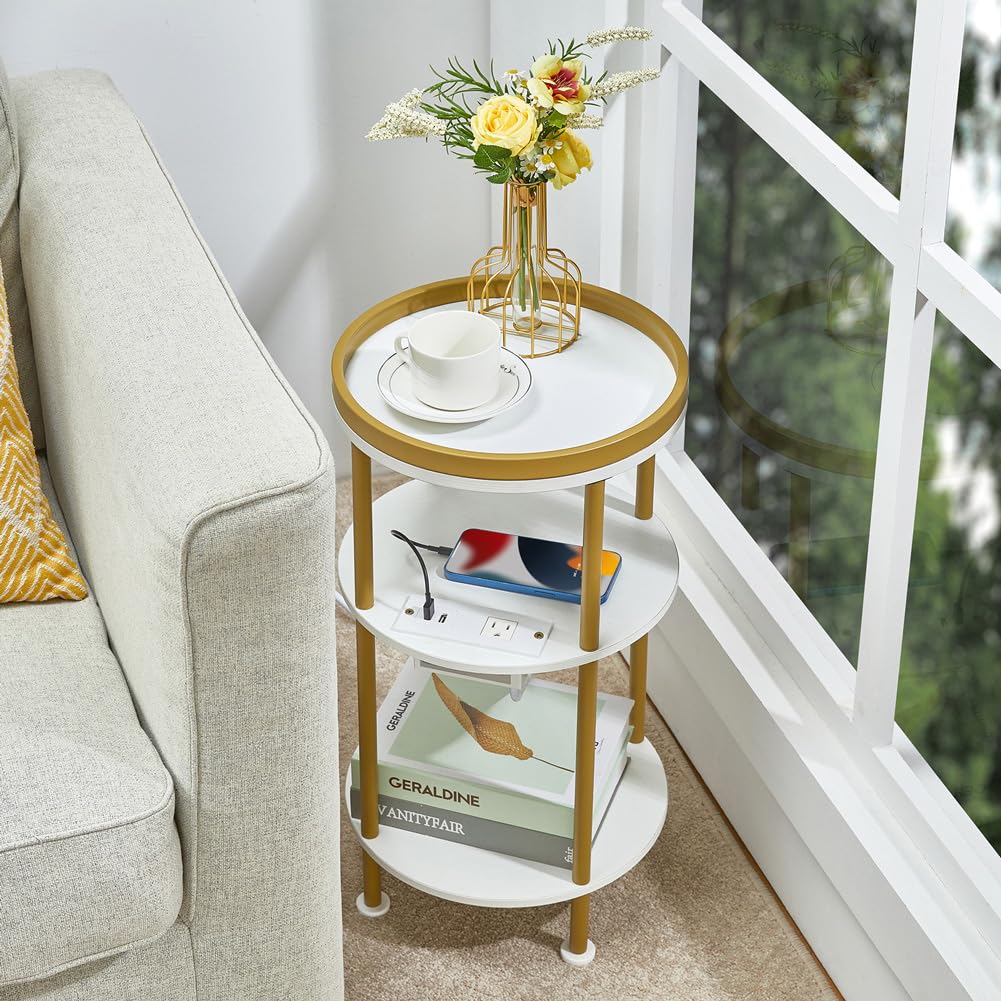 Small Round Side Table with Charging Station for Small Spaces, 3-Tier Accent Table with USB Ports & Power Outlets, Sofa Corner Tea Table for Living Room Nightstand Bedroom Apartment (Black)