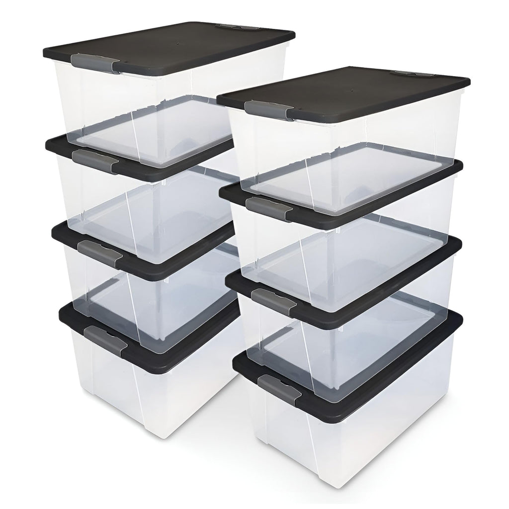 HOMZ 4-Pack Secure Latch, Clear Plastic Storage Organizer Bins, 15 Quart, Gray Lid - Stackable Container Boxes for Bedroom, Bathroom, Garage, and Office Organization