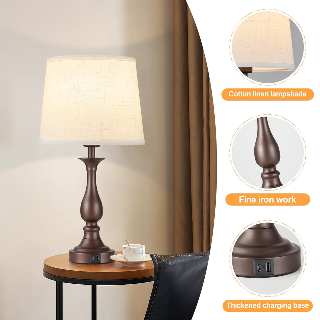 Bedside Table Lamp Touch Control Bedroom Lamps with USB A and C Charging Port 3 Way Dimmable Touch Lamps for Nightstand Living Room Bedroom Dorm Home Office Reading, Set of 2