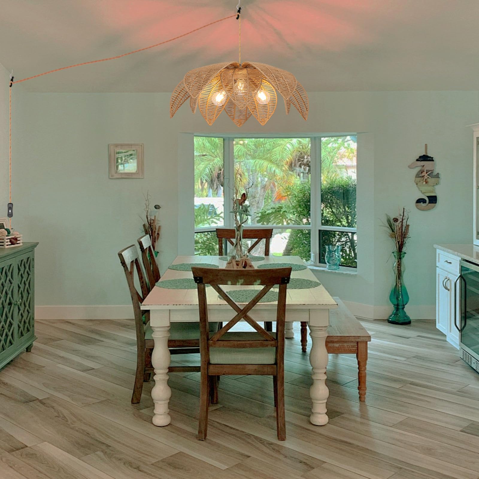 Farmhouse Chandeliers for Dining Room, 3-Light Rattan Boho Chandelier Light Fixture Hand Woven Wicker Pendant Light 24", Coastal Hanging Pendant Light for Kitchen Island Bedroom Living Room