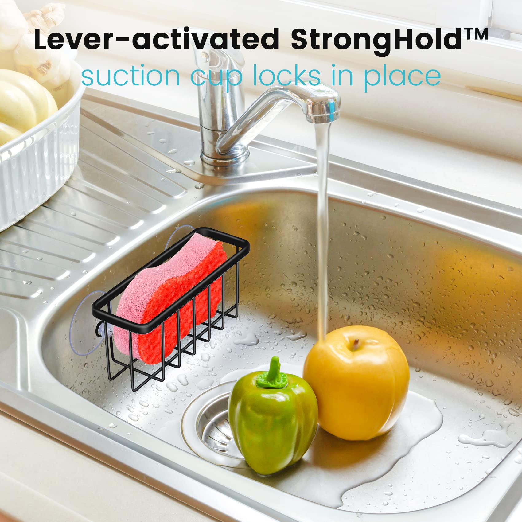 HLOOL Kitchen Sink Sponge Holder, Kitchen Sink Caddy, Sponge Holder for Kitchen Sink Suction, Dish Soap Holder (Black)