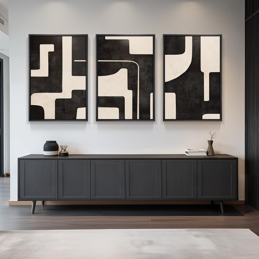 Framed Black and White Modern Abstract Wall Art, 3 Piece Canvas Prints Paintings Artwork for Walls, Minimalist Black White Grey Pictures for Living Room Dining Room Bedroom Office Wall Decor 16x24 In