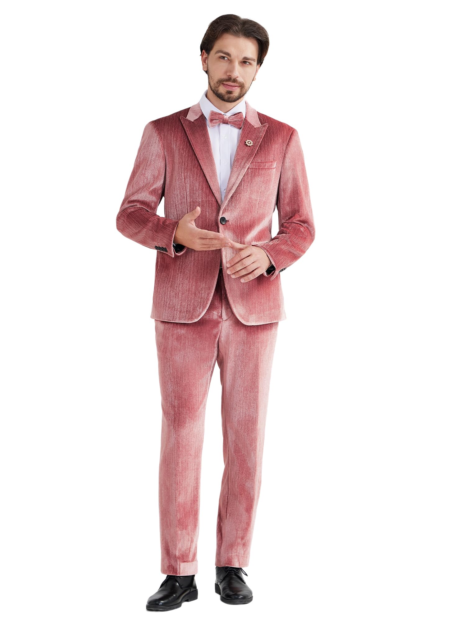 MAGE MALE Mens Suits Velvet Tuxedo Suit Set Slim Fit 2 Piece Luxurious Party Dinner Jacket Pants with Bow Tie