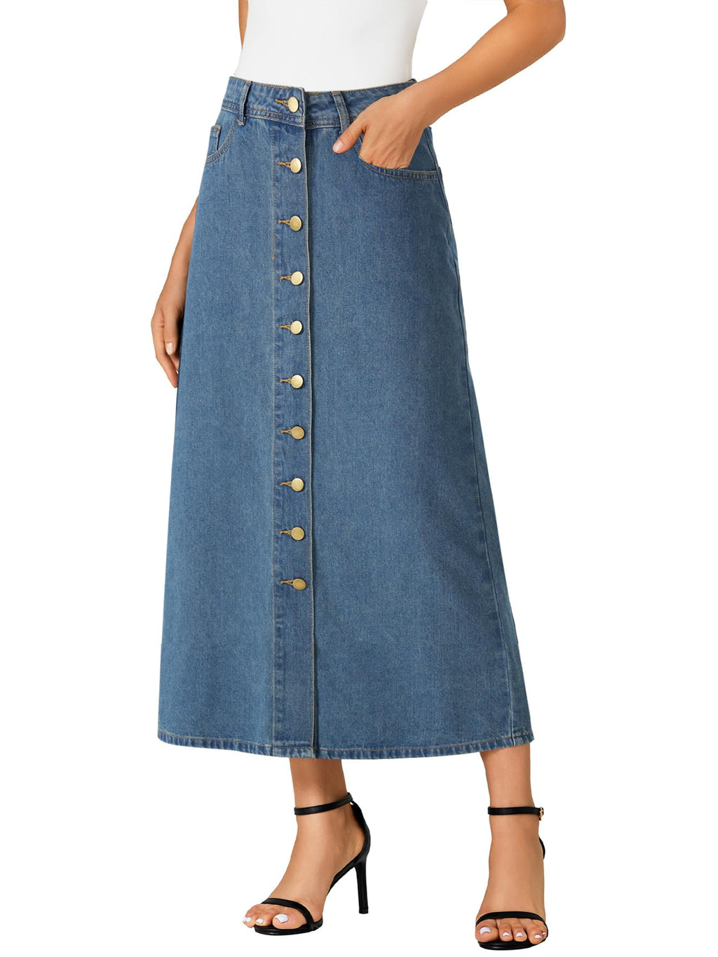 Vrtige Women's Casual Button Down High Waisted A Line Jean Midi Long Denim Skirt with Pockets