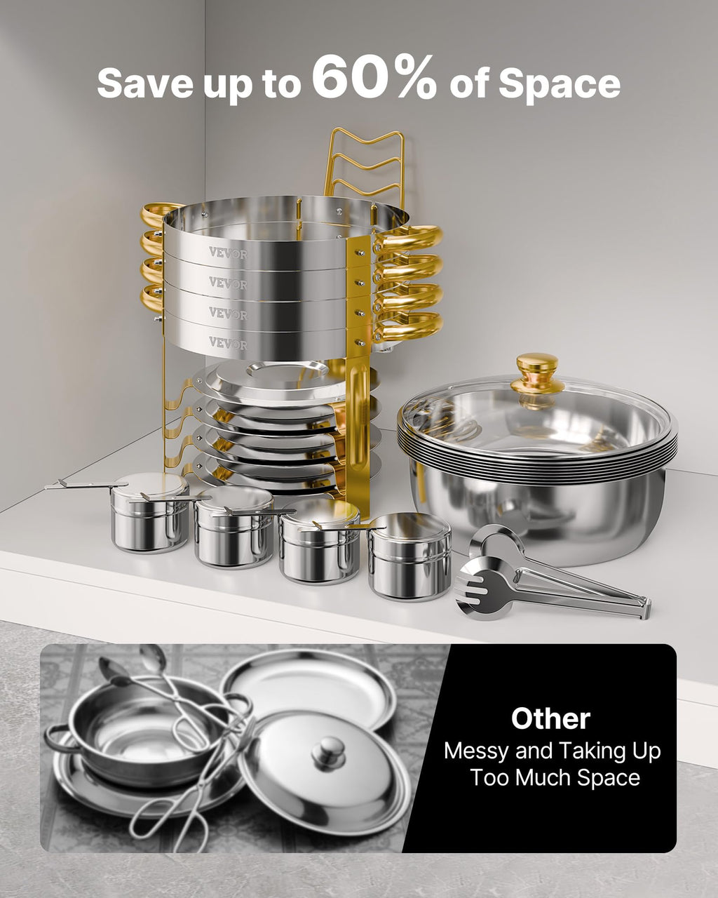 VEVOR Chafing Dish Buffet Set, 5 Qt 4 Pack, Stainless Steel Chafer with 4 Full Size Pan, Round Catering Warmer Server with Glass Lid Water Pan Folding Stand Fuel Holder, for Wedding Banquet, Gold
