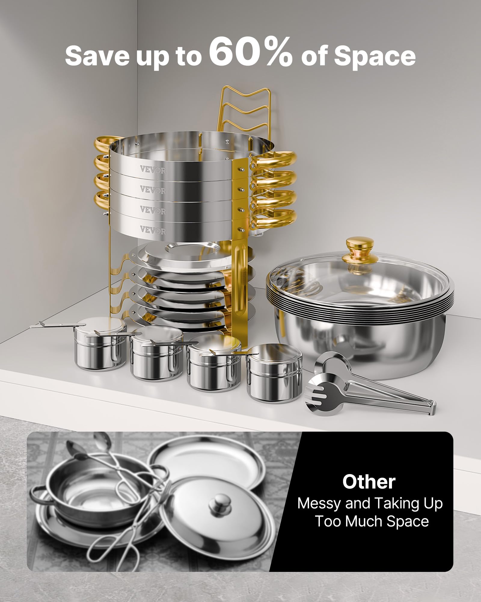VEVOR Chafing Dish Buffet Set, 5 Qt 4 Pack, Stainless Steel Chafer with 4 Full Size Pan, Round Catering Warmer Server with Glass Lid Water Pan Folding Stand Fuel Holder, for Wedding Banquet, Gold