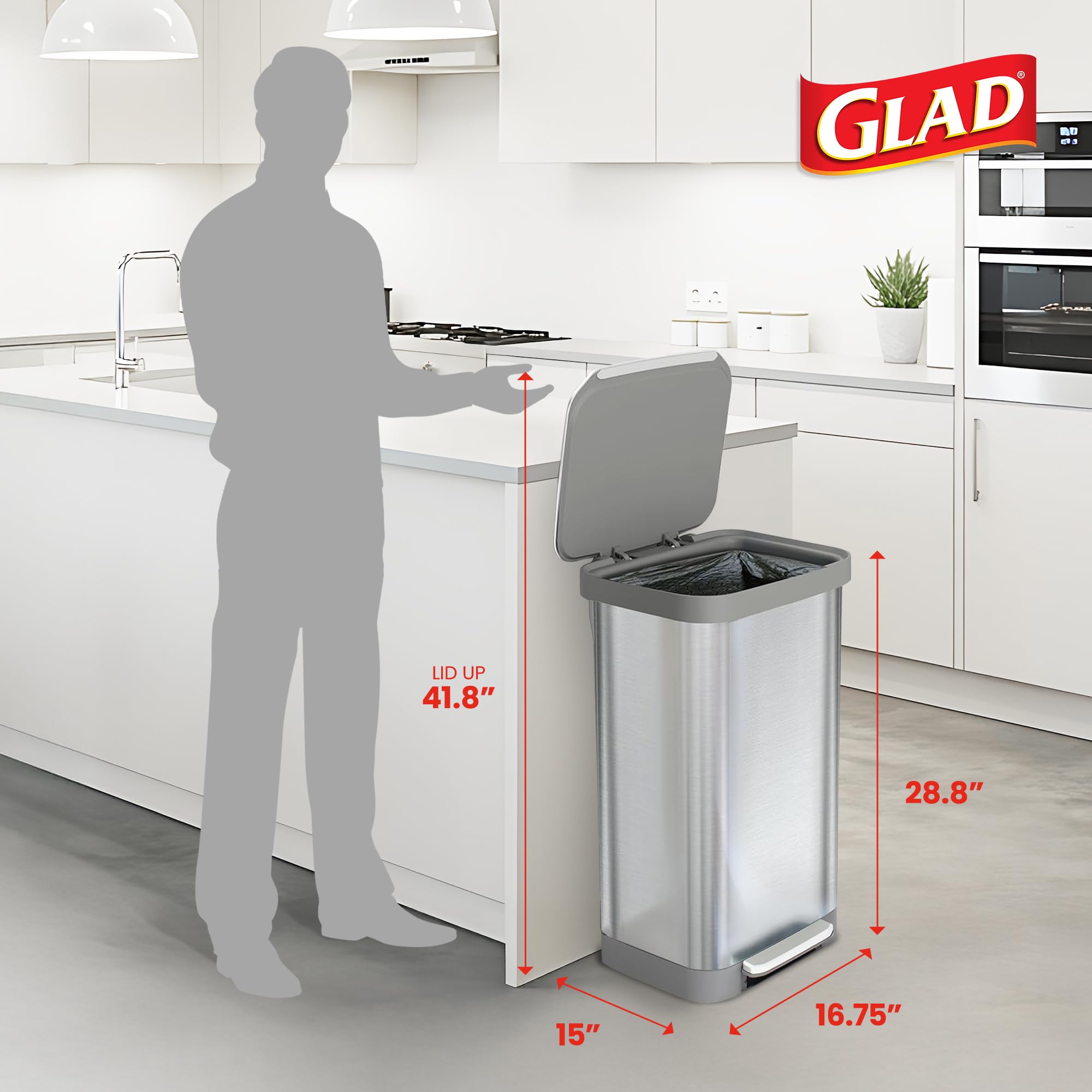 Glad 13 Gallon All Brushed Stainless Steel Trash Can with Clorox Odor Protection | Large Metal Kitchen Garbage Bin with Soft Close Lid, Garbage Bag Rings, Step On Foot Pedal and Waste Bag Roll Holder