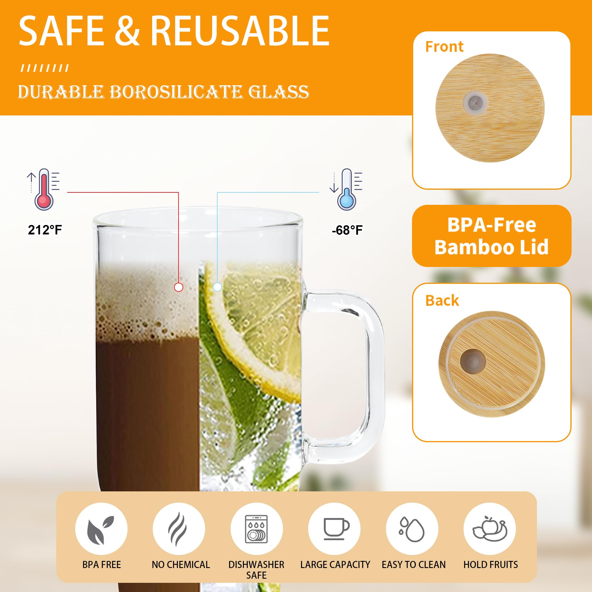 40 oz Glass Tumbler with Handle 12 Pack Glass Tumbler with Straw and Lid Clear Reusable Iced Coffee Cup, Fits Car Cup Holder, BPA Free, for Boba Tea, Juice, Smoothie, Beer(Sublimatable)