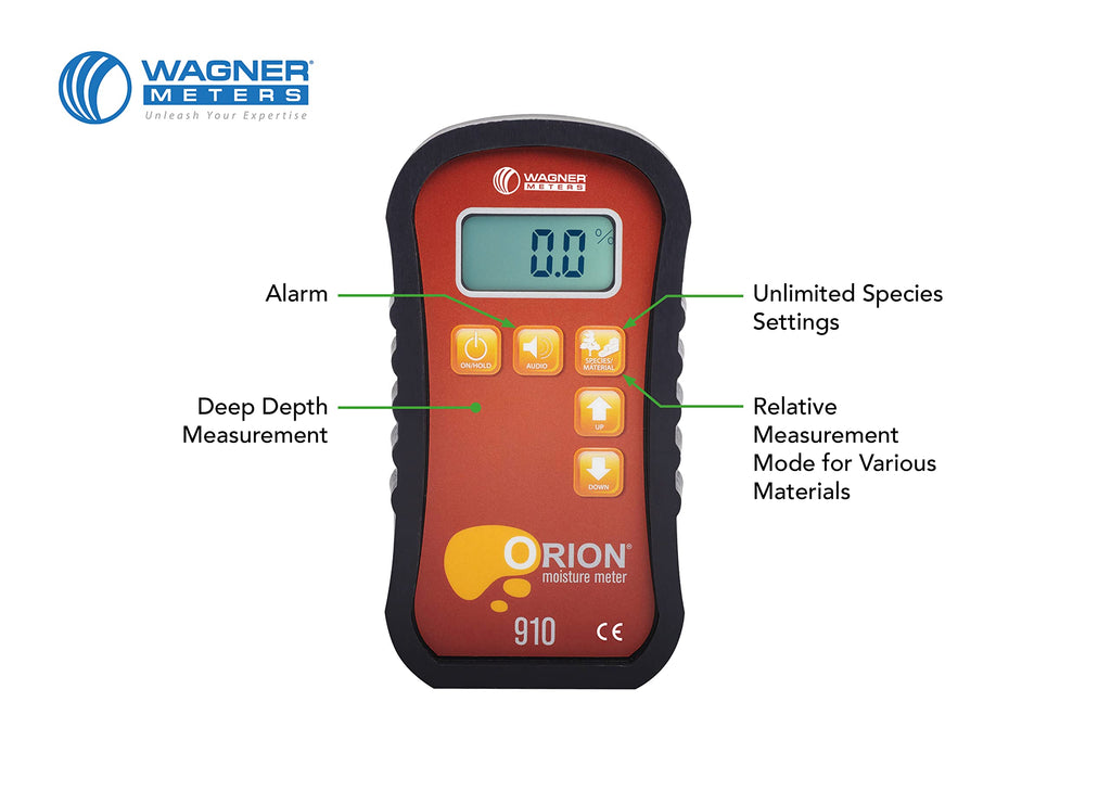 Orion® 910 Pinless Wood Moisture Meter Kit by Wagner Meters | Accurate, Non-Damaging, Deep Depth Lumber Moisture Measurement, On-site Calibration (Standard Calibrator)