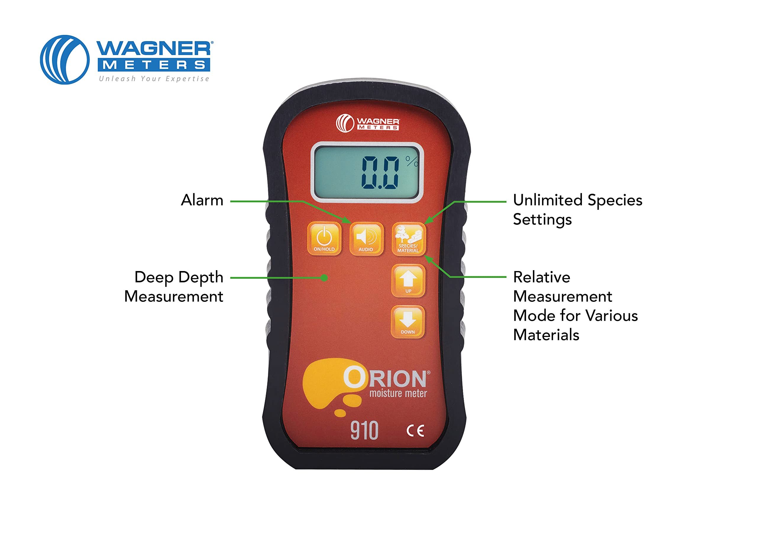 Orion® 910 Pinless Wood Moisture Meter Kit by Wagner Meters | Accurate, Non-Damaging, Deep Depth Lumber Moisture Measurement, On-site Calibration (Standard Calibrator)