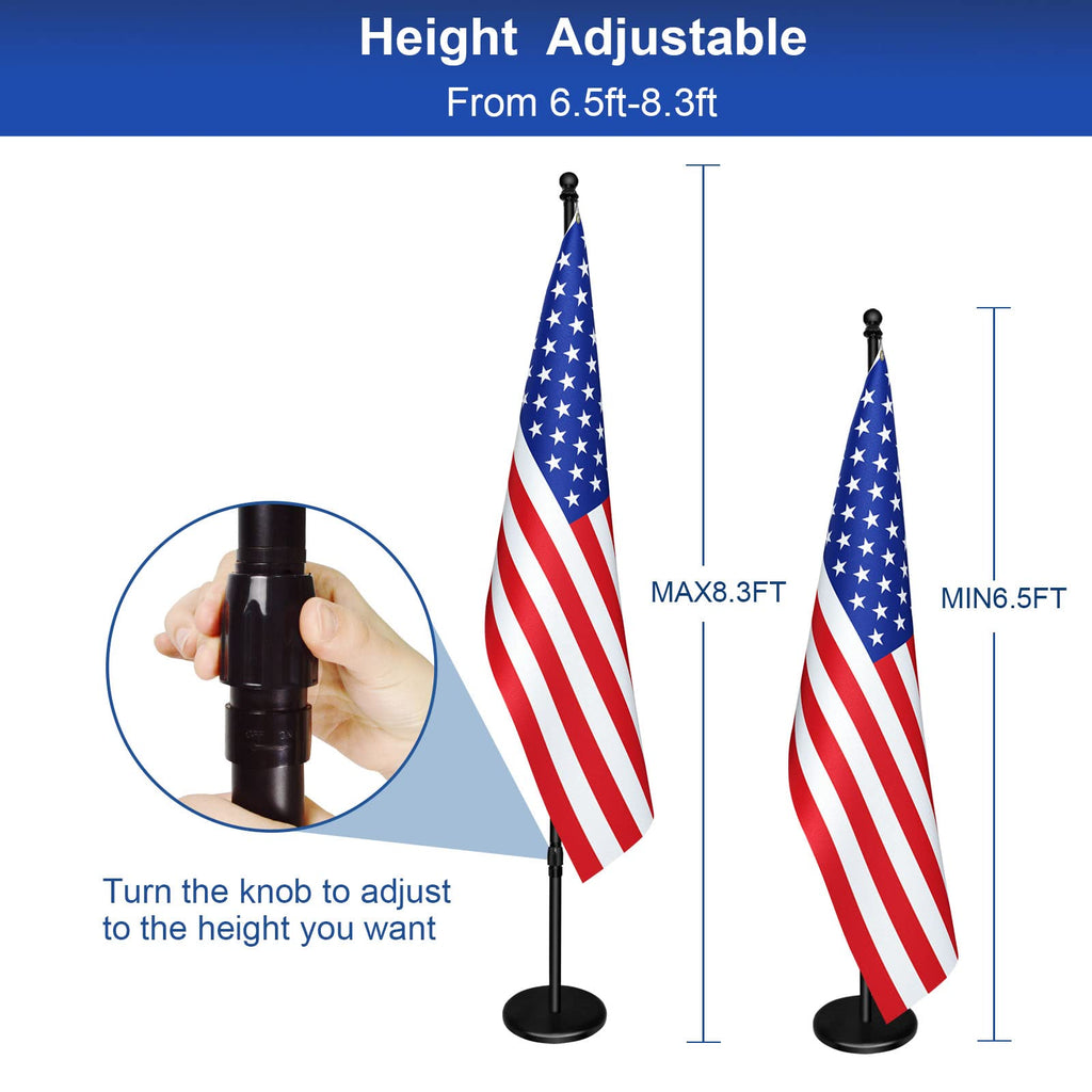Indoor Flagpole with Base,Telescoping Flag Pole 6FT-8FT, Flagpoles Rotate 360 Degrees, 3X5 USA Flag-Heavy Duty Water Resistant Polyester Canvas Embroidered Stars. Suitable for Office, Auditorium, School, Use (1-pack)