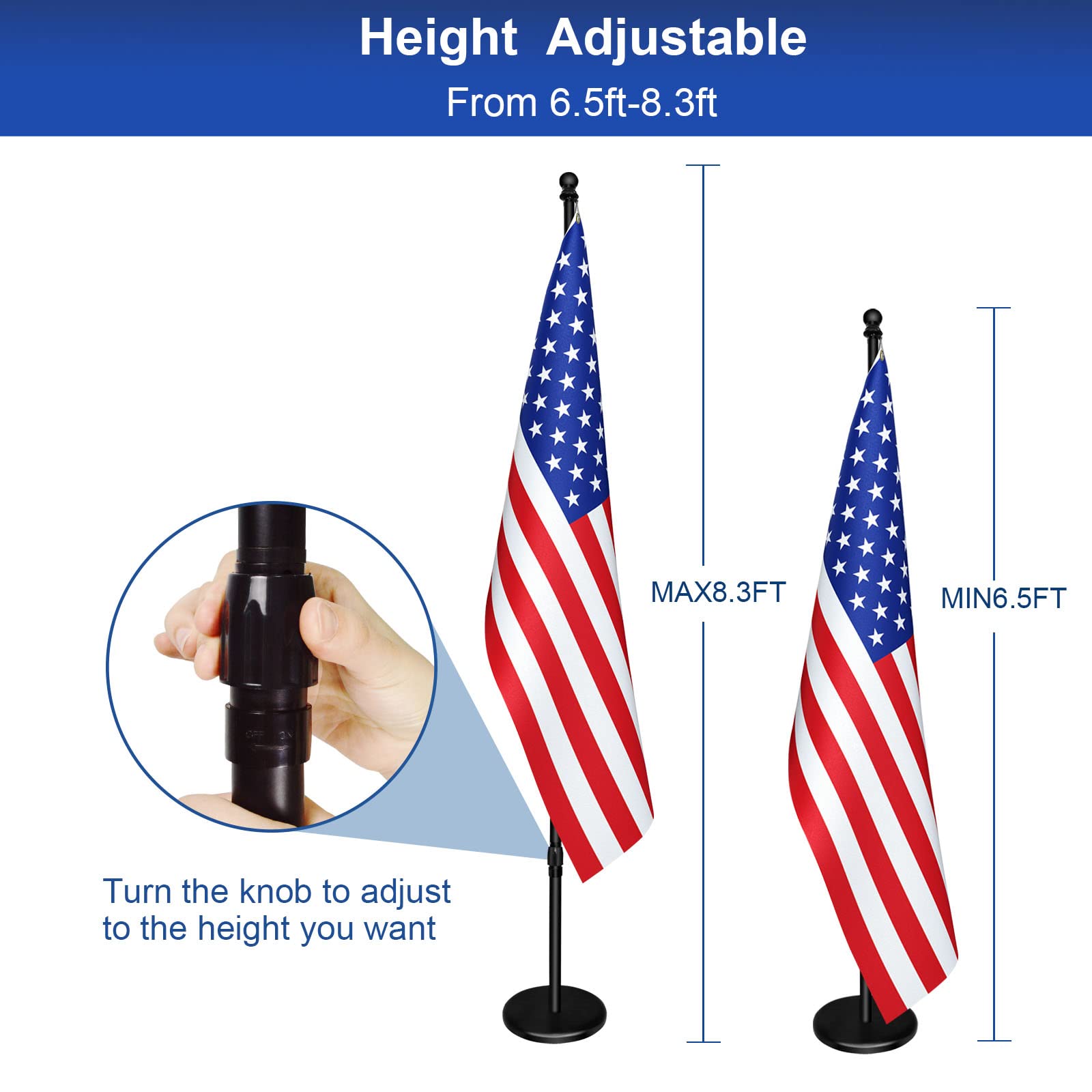 Indoor Flagpole with Base,Telescoping Flag Pole 6FT-8FT, Flagpoles Rotate 360 Degrees, 3X5 USA Flag-Heavy Duty Water Resistant Polyester Canvas Embroidered Stars. Suitable for Office, Auditorium, School, Use (1-pack)