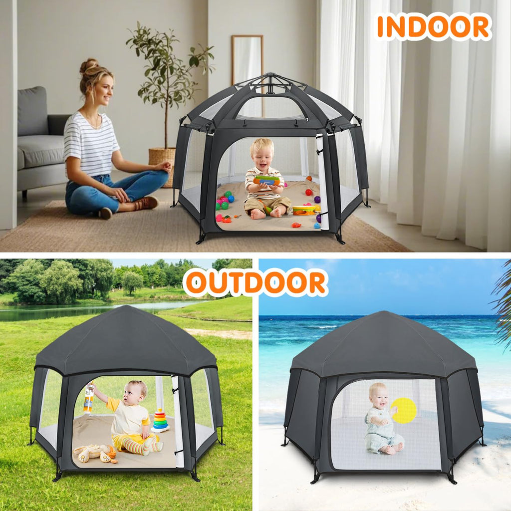 Pop Up Playpen for Baby, Portable Playpen for Babies and Toddlers with Removable Sun-Shades& 2 Side UV Covers, Lightweight Outdoor Baby Play-Pen for Beach Home with Travel Bag, Beige
