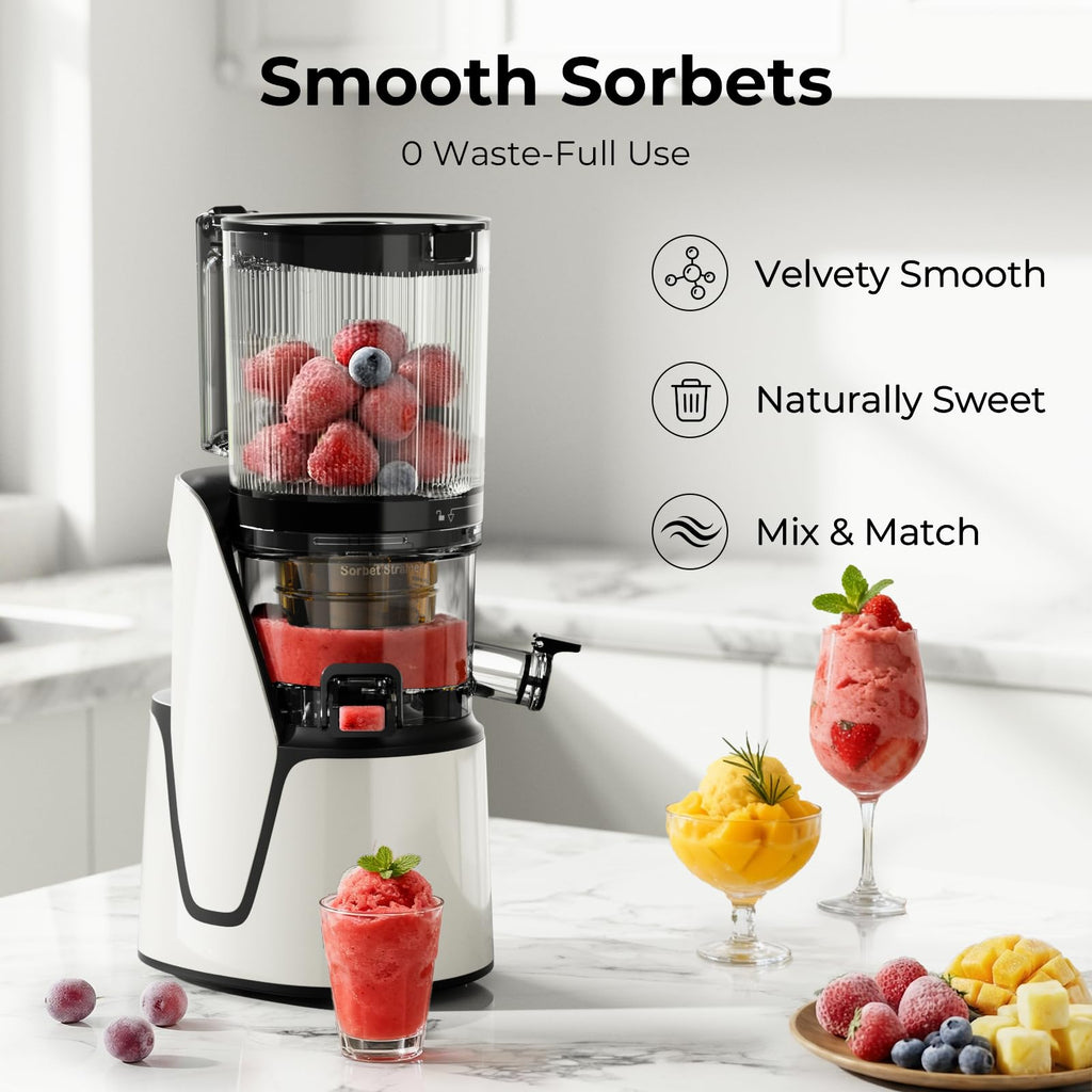 EanOruus Juicer Machines, 3-in-1 Cold Press Juicer with 6.5" Extra Large Chute, 100oz Large Capacity, AC Motor, Makes Juice, Nut Milk & Sorbet, Bright White
