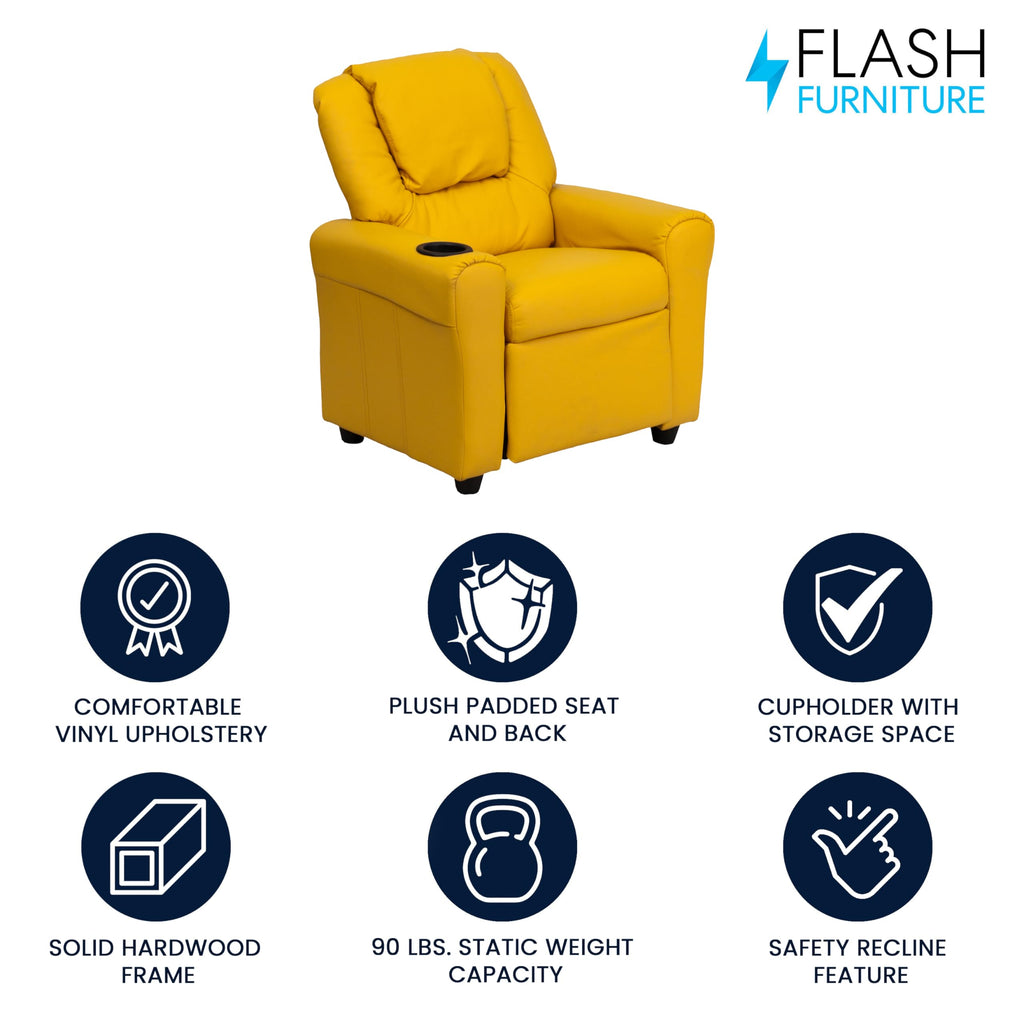 Flash Furniture Vana Vinyl Kids Recliner with Cup Holder, Headrest, and Safety Recline, Contemporary Reclining Chair for Kids, Supports up to 90 lbs., Beige