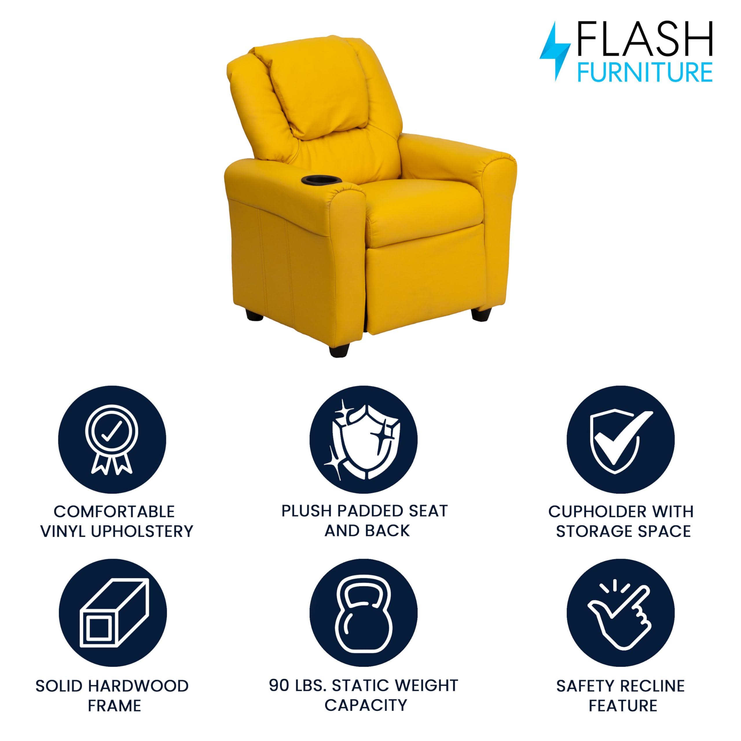 Flash Furniture Vana Vinyl Kids Recliner with Cup Holder, Headrest, and Safety Recline, Contemporary Reclining Chair for Kids, Supports up to 90 lbs., Beige