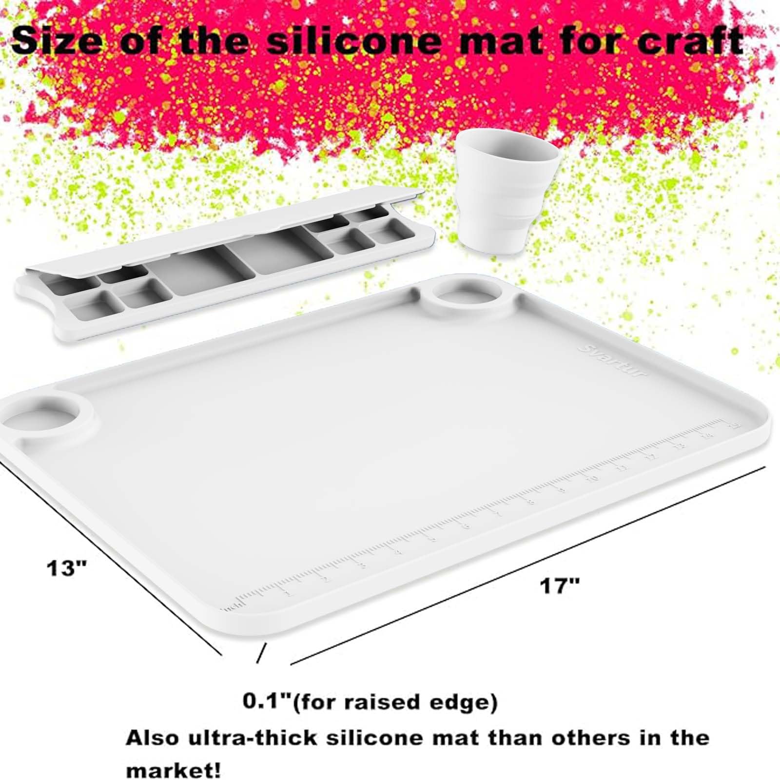 Svartur Silicone Art Mat - 17" X 13" With Cup and Palette, Raised Edge for Craft, Artist Creator Mat for Resin DIY, Coral Pink