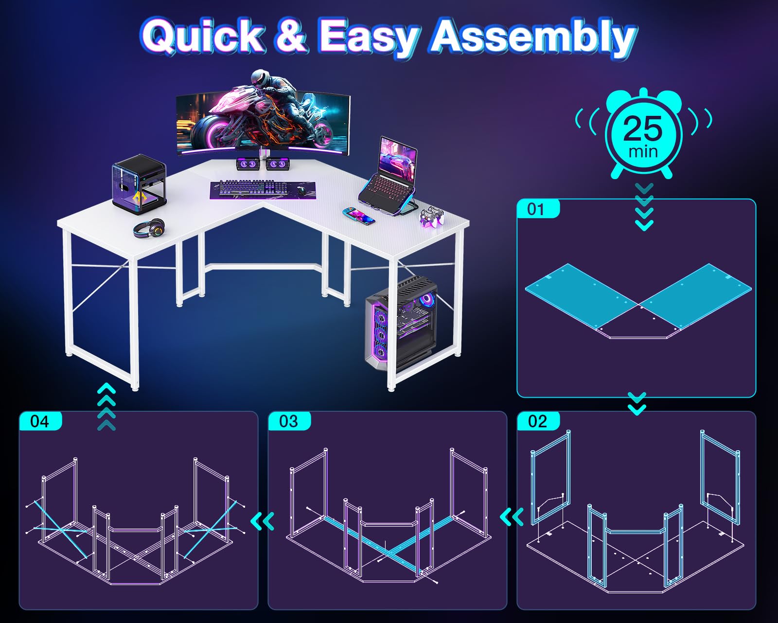 Casaottima 47 inch L Shaped Gaming Desk, Corner Desk Gaming Table for Home Office, Computer Desk Sturdy Writing Workstation for Small Space, Easy to Assemble, Black