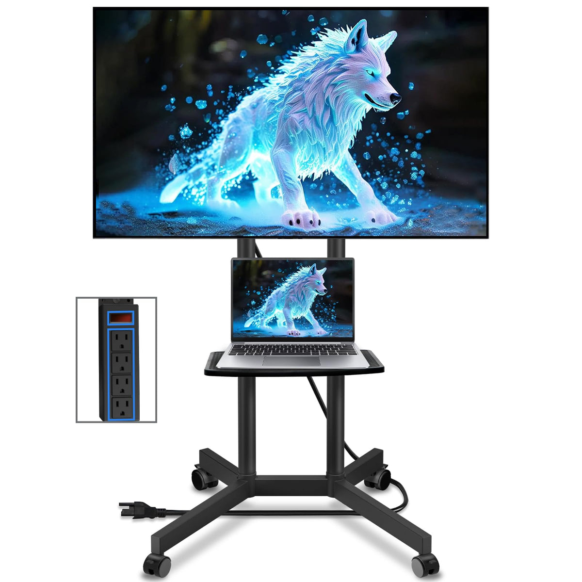 Solid Grace Rolling TV Stand with Power Outlet for 32-75 Inch TVs up to 88lbs, Portable TV Stand with Shelf, Mobile TV Cart for Living Room, Office, Meeting Room, Outdoor(with Power Outlet+Shelf)