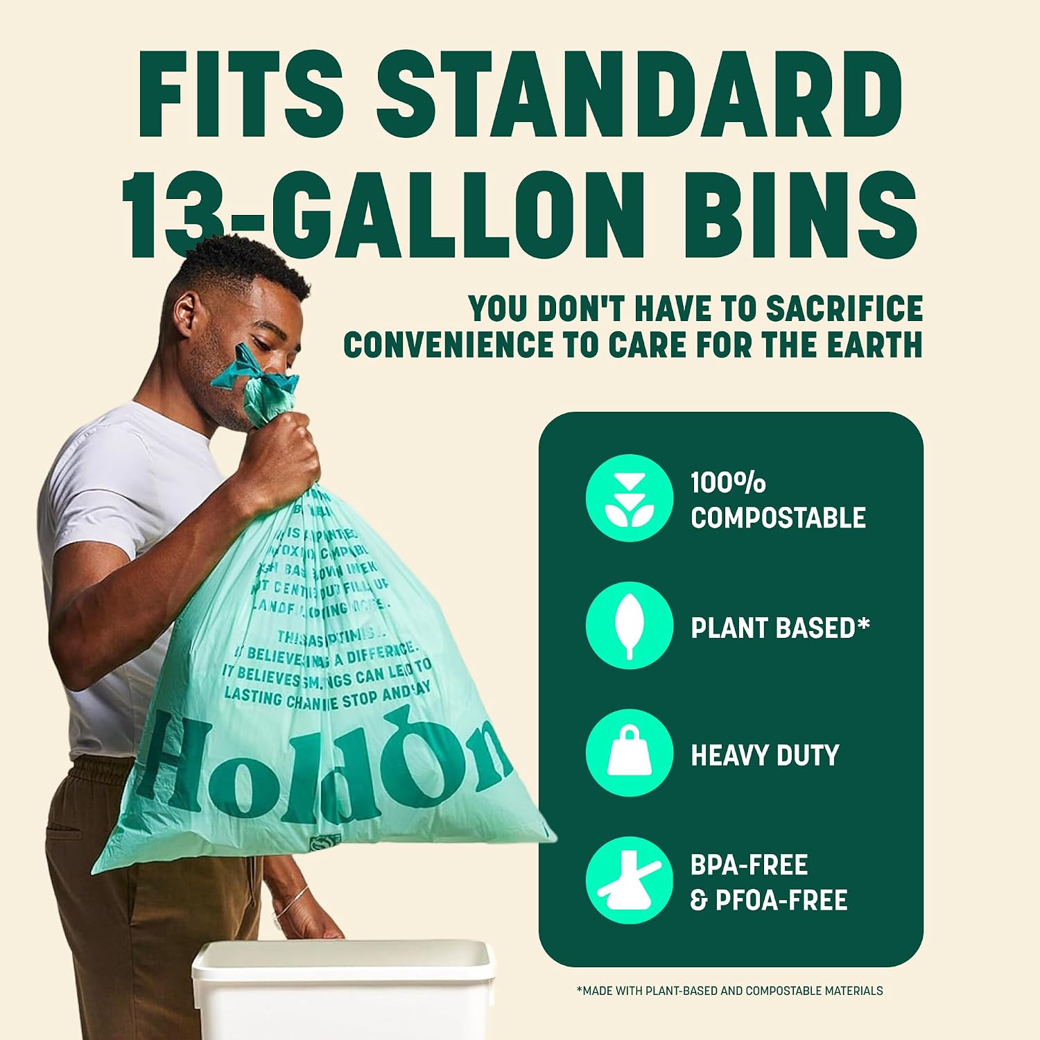 HoldOn Compostable Tall Kitchen Drawstring Bags, 13 Gallon - Leak-Resistant Triple-Ply Plant-Based Kitchen Bags for Trash, Compost & Bin Liners, BPA-Free, BPI Certified, 40 Count