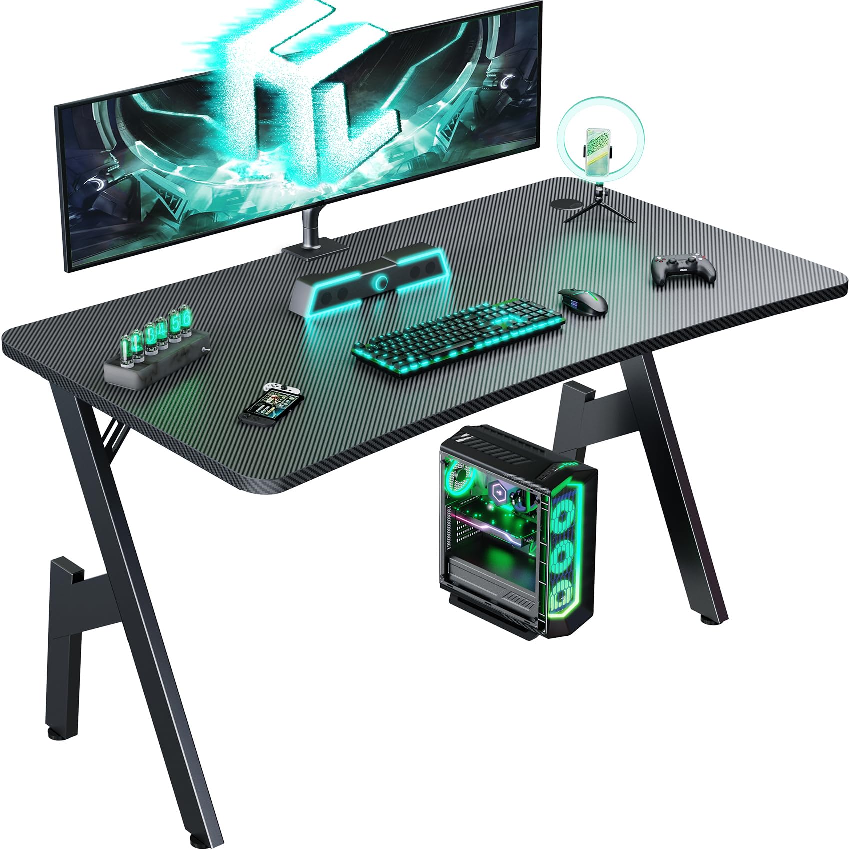 HLDIRECT 40 Inch Gaming Desk, Small Computer Gaming Desk Table with Cable Management, Ergonomic A Shape Modern Carbon Fiber Gamer Table Pc Workstation Home Office Desks for Small Space, Black