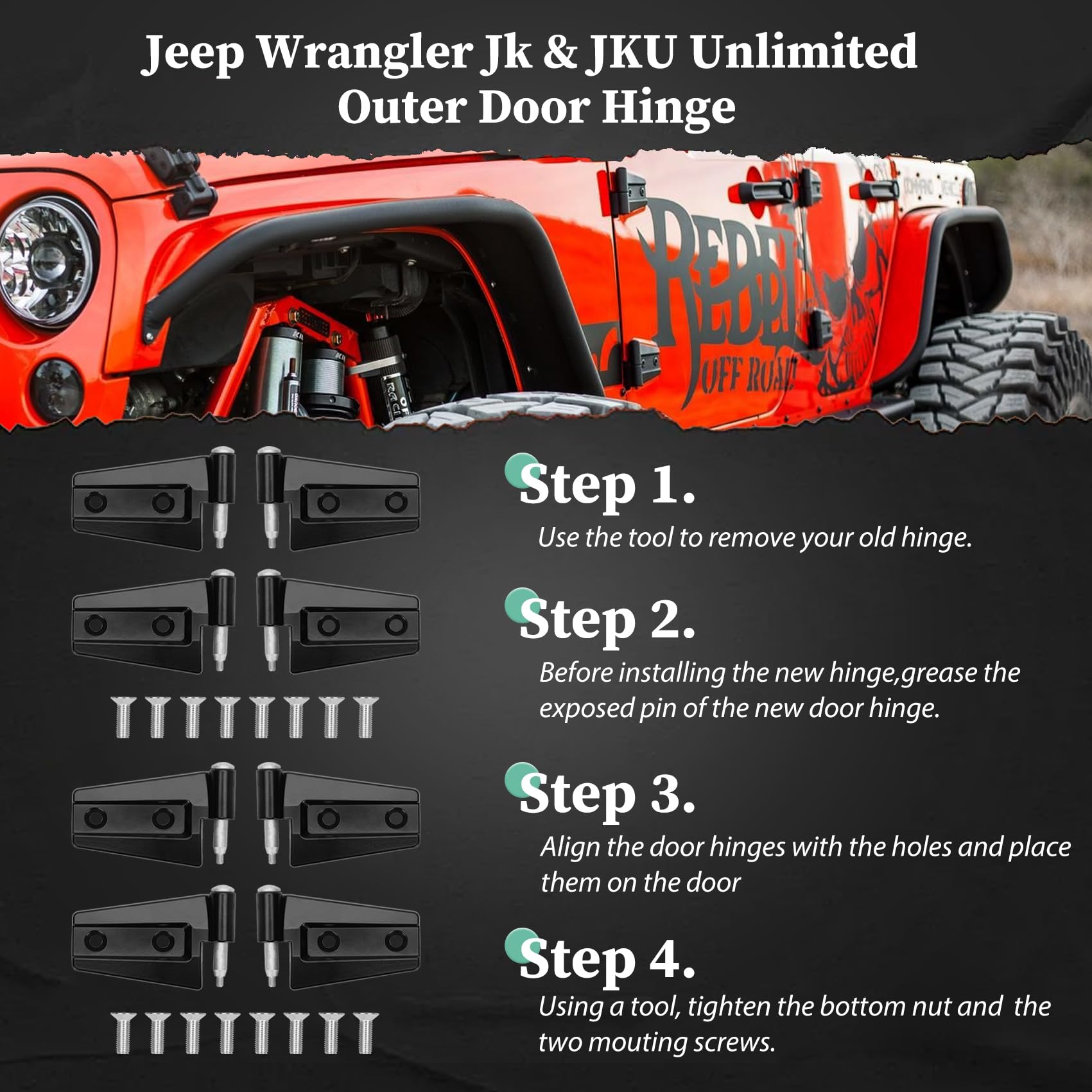 Jeep Wrangler JK 2 Door Hinge Assembly Kits Compatible with 2007-2018 Jeep Wrangler JK JKU Rubicon Unlimited Sahara Inside and Outside (2 Door), Jeep Wrangler JK JKU 2 Door Hinge 8PCS with 18 Bolts