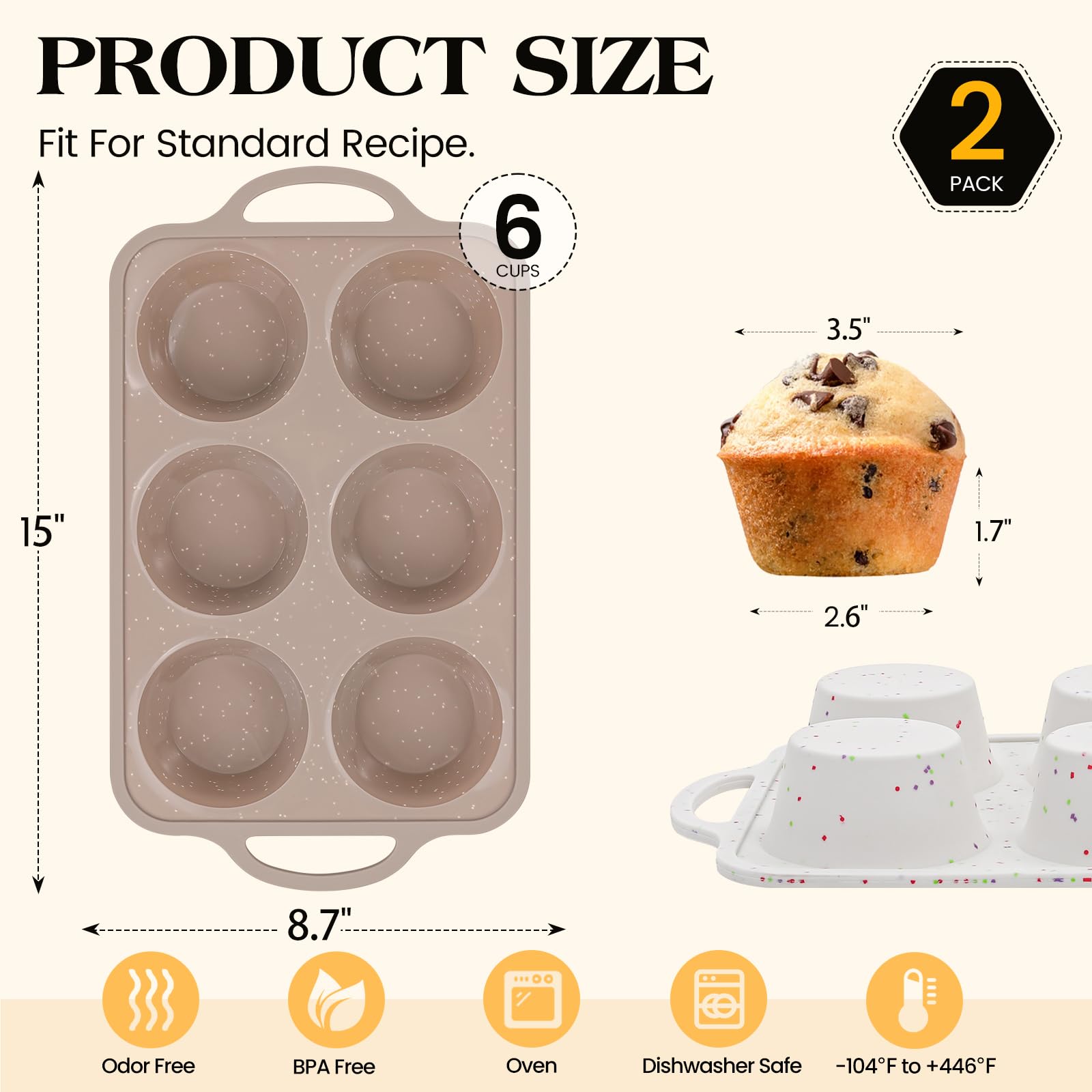 Vinino Silicone Muffin Pans for Baking with Metal Reinforced Frame, 12 Cups Regular Size Nonstick Brown Silicone Cupcake Pan, BPA Free Oven Dishwasher Safe Baking Mold for Muffins Cupcakes
