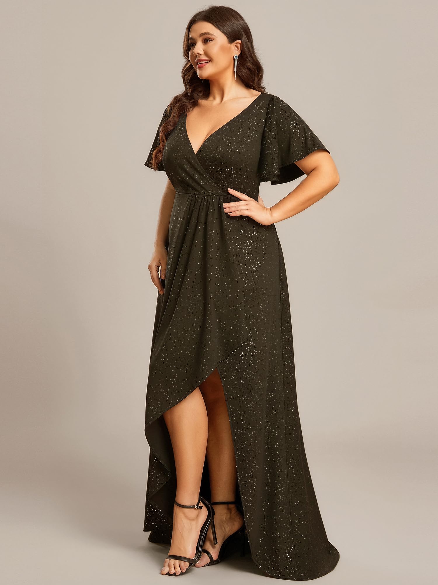 Ever-Pretty Glitter Formal Dresses for Cuvvy Women Plus Size A-line High Low Wedding Guest Gala Dress with Ruffles Sleeves