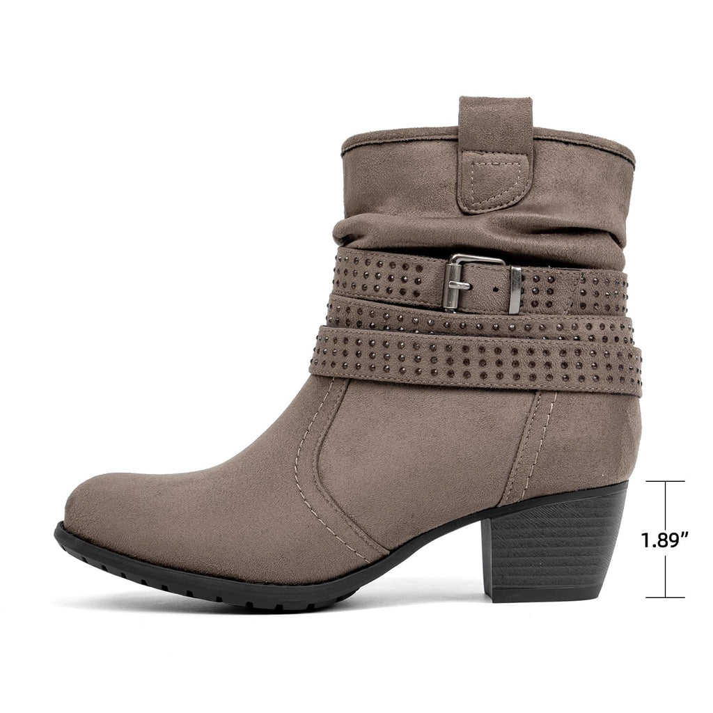 Women's Mid Calf Boots,Round Toe Comfort Low Heel Slouchy Dress zip booties with Jeweled strap