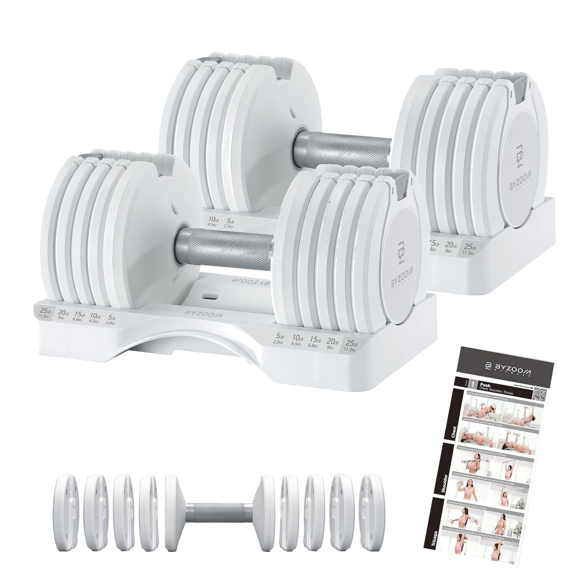 BYZOOM FITNESS Pure Series Adjustable Dumbbell - 12.5/25/27.5/50/55/75lb - ONE UNIT OR PAIR(check QTY before purchase) - 5-in-1/ 10-in-1 / 15-in-1 / 21-in-1 Flexible Hand Weights for Home Apartment Garage Gym, Strength Training & Fitness Workouts, White O