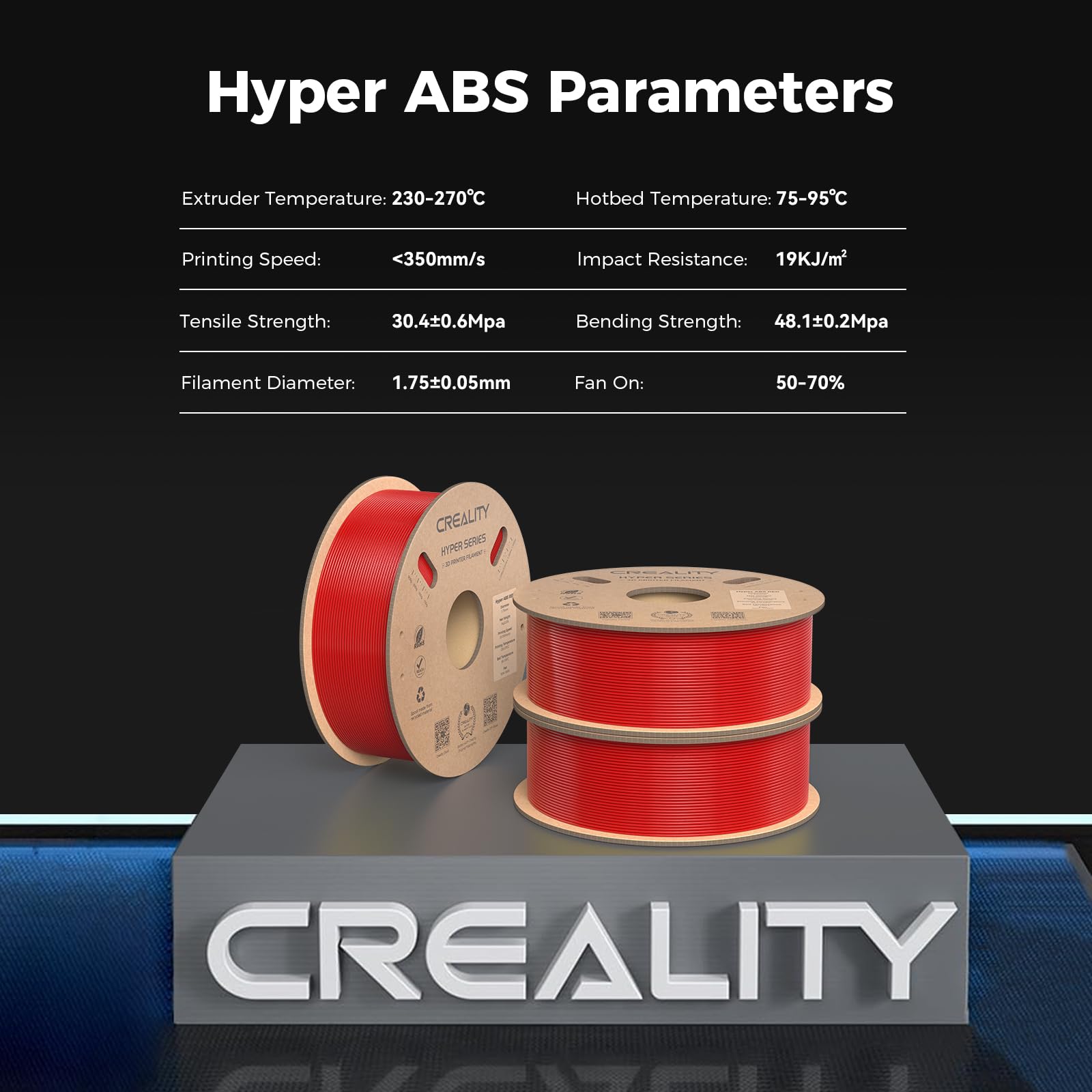 Creality Hyper ABS Filament, Official 3D Printer Filament ABS 1.75mm for Up to 300mm/s High-Speed Printing Convenient Open Printing Material, 1kg(2.2lbs) Spool Fit Most 3D Printer(Black)