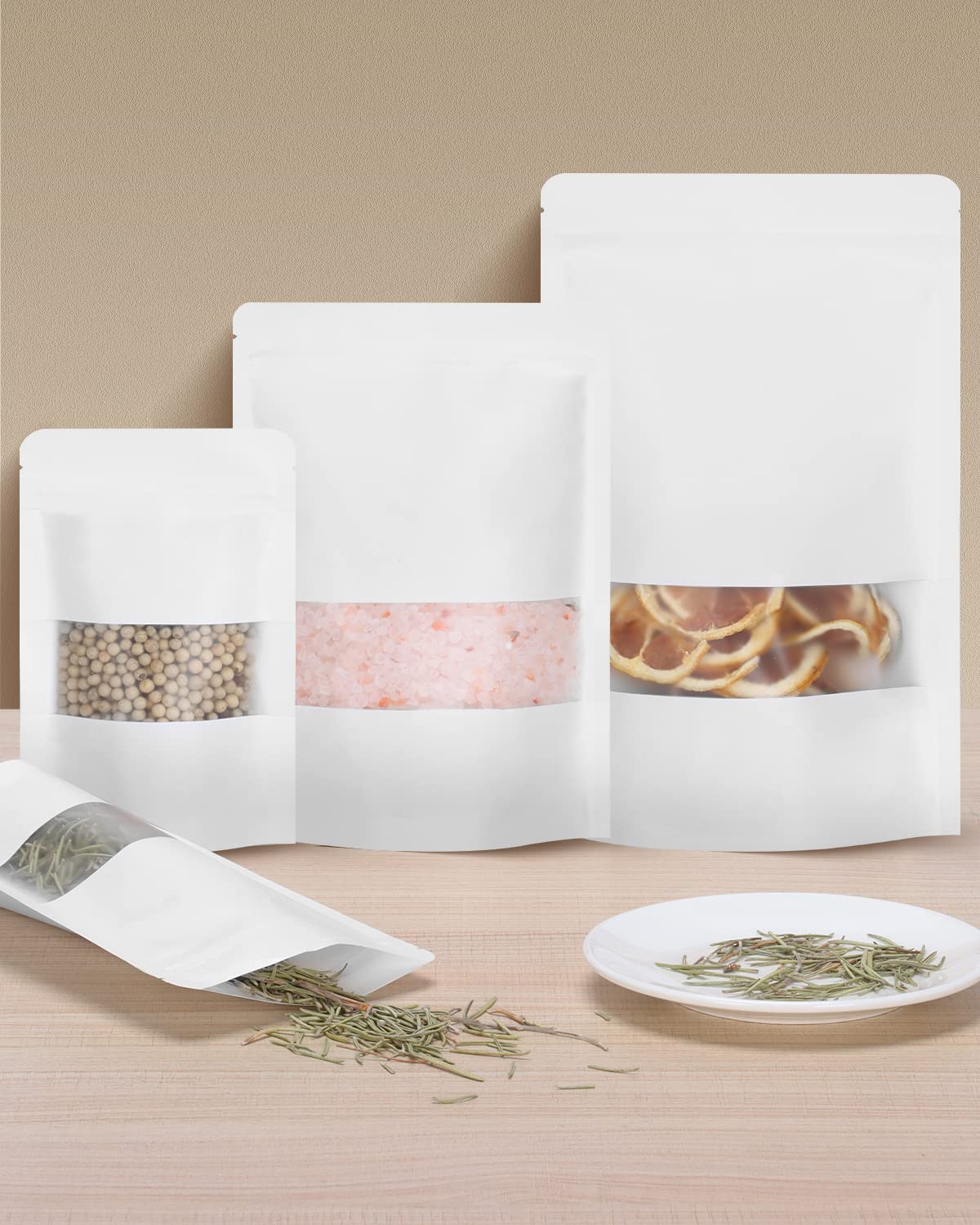 50pcs Kraft Bags with Window 3.5x5.5 Inches Brown Reusable Sealable Zip Lock Food Storage Stand up Paper Pouches for Home or Business