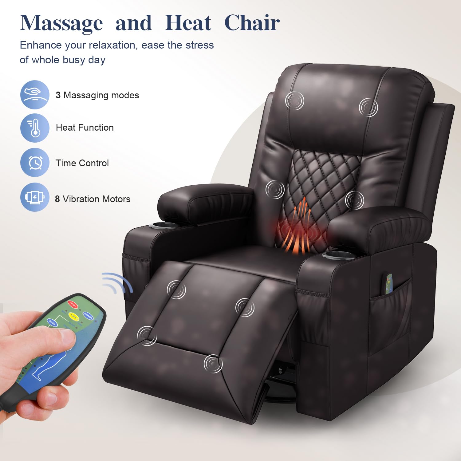 Recliner Chairs for Adults, FSC Certified Massage Reclining Chair with Heated Modern, Ergonomic Lounge Single Reclining Sofa Seat with Cup Holder & Pocket, Living Room Lounge Recliners Black